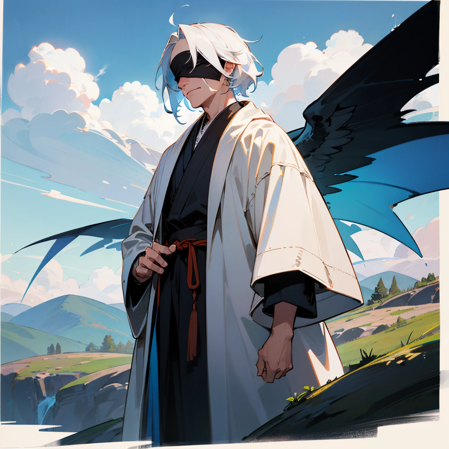 Vibrant blue eyes, messy white hair, white blindfold, black robes, standing on a mountain, sunny background, cloudy sky, 1 male, adult male, old male, lean muscular build, illustrations, ultra-detailed:1.37, vibrant colors, portraits, sharp focus, studio lighting