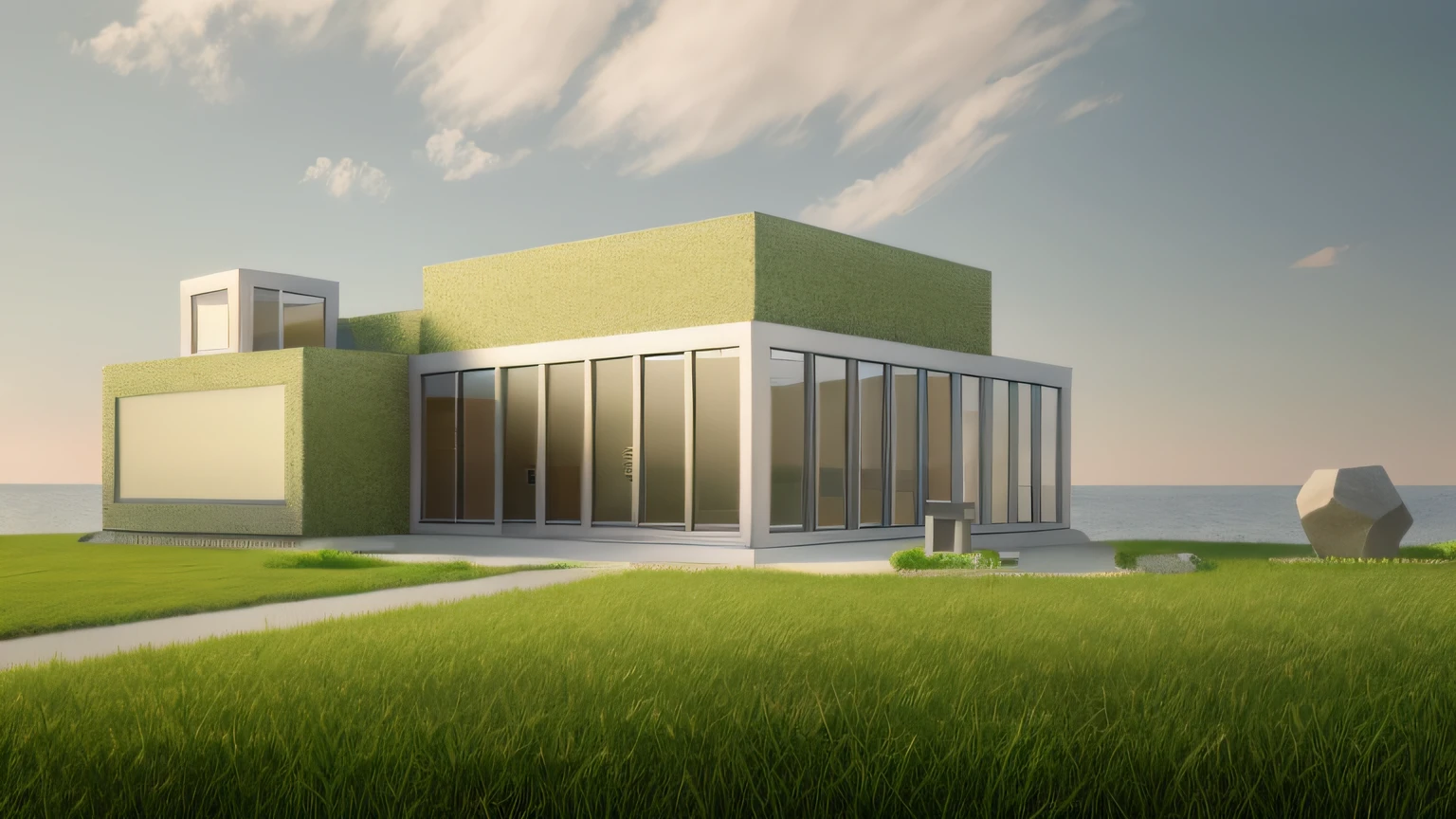 A rendering of an office building, a stone pathway leading up to office building and from right to left, two steel sculptures on the right, grass in front of building, ((nice grass lawn)), beautiful sky, daylight, two-point perspective, human perspective, realistic, masterpiece, ultra-detailed, 4k, photographic rendering, commercial