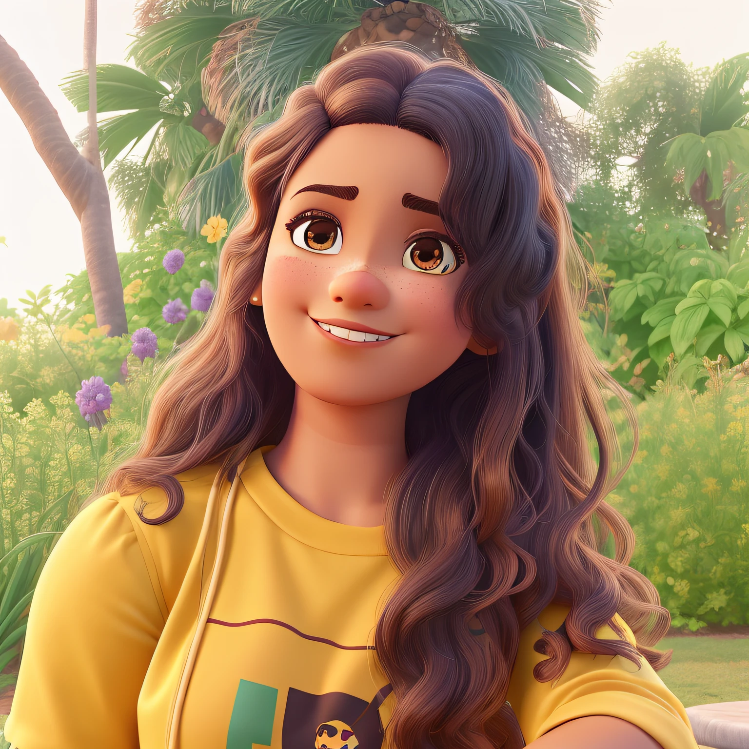 Menina de 13 anos de pele clara, olhos marrons, cabelos ondulados pretos, orelhas cobertas. A cena deve seguir o estilo de arte digital diferenciado da Pixar, Focusing on Characters' Expressions, Vibrant colors and detailed textures feature its animations.
