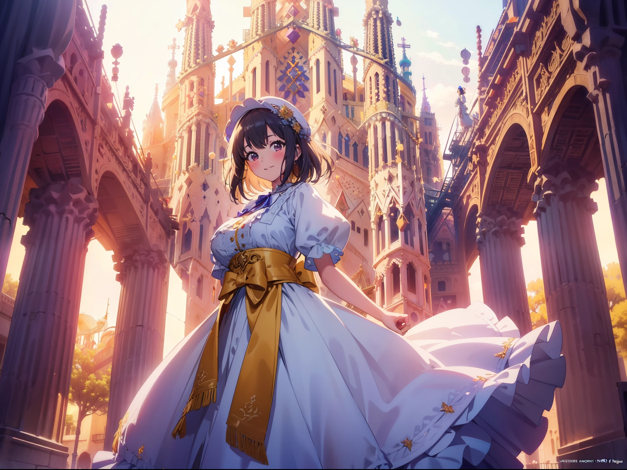 1 cute girl, (spanish traditional costume) ,(standing in front of Sagrada Familia), outdoor, cowboy shot, character focus , from below, cinematic lighting,smile , ((masterpiece)), ((best quality)), ((ultra-detailed)), (illustration), ((an extremely delicate and beautiful))