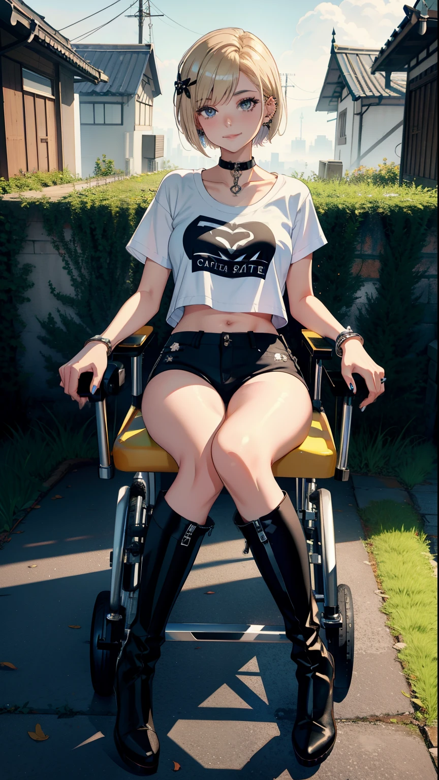 ​masterpiece, top-quality,  Detailed details, Detailed landscapes, beatiful lights, Beautiful Shadows, 1girl in, 23years old,Black eyes,Mischievous smile, Riding in a wheelchair with a backrest、Lame、short blonde hair,bangle,a choker,piercings,hotpants,long boots、Ultra-low rise,ＴShirt, Navel Ejection,detailed skin textures, Tyndall effect、Full body like