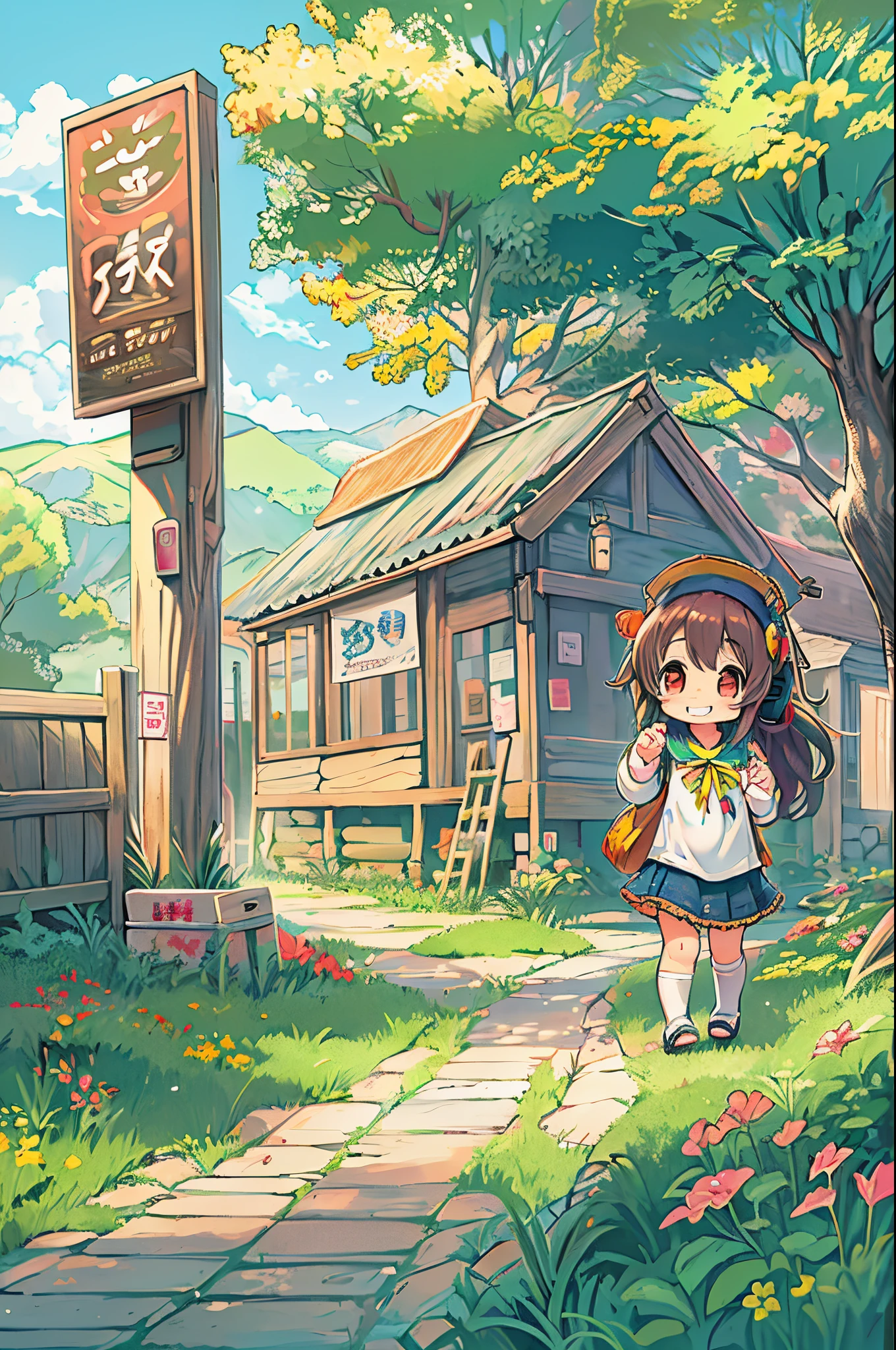 huge-breasted、kawaii、8  girl、A huge smile on my face,Chibi, beautiful anime scene, Anime landscapes, Anime Background, Beautiful anime scenery, Beautiful peace scenes in anime, landscape artwork、inside the kindergarten、Hobo-san