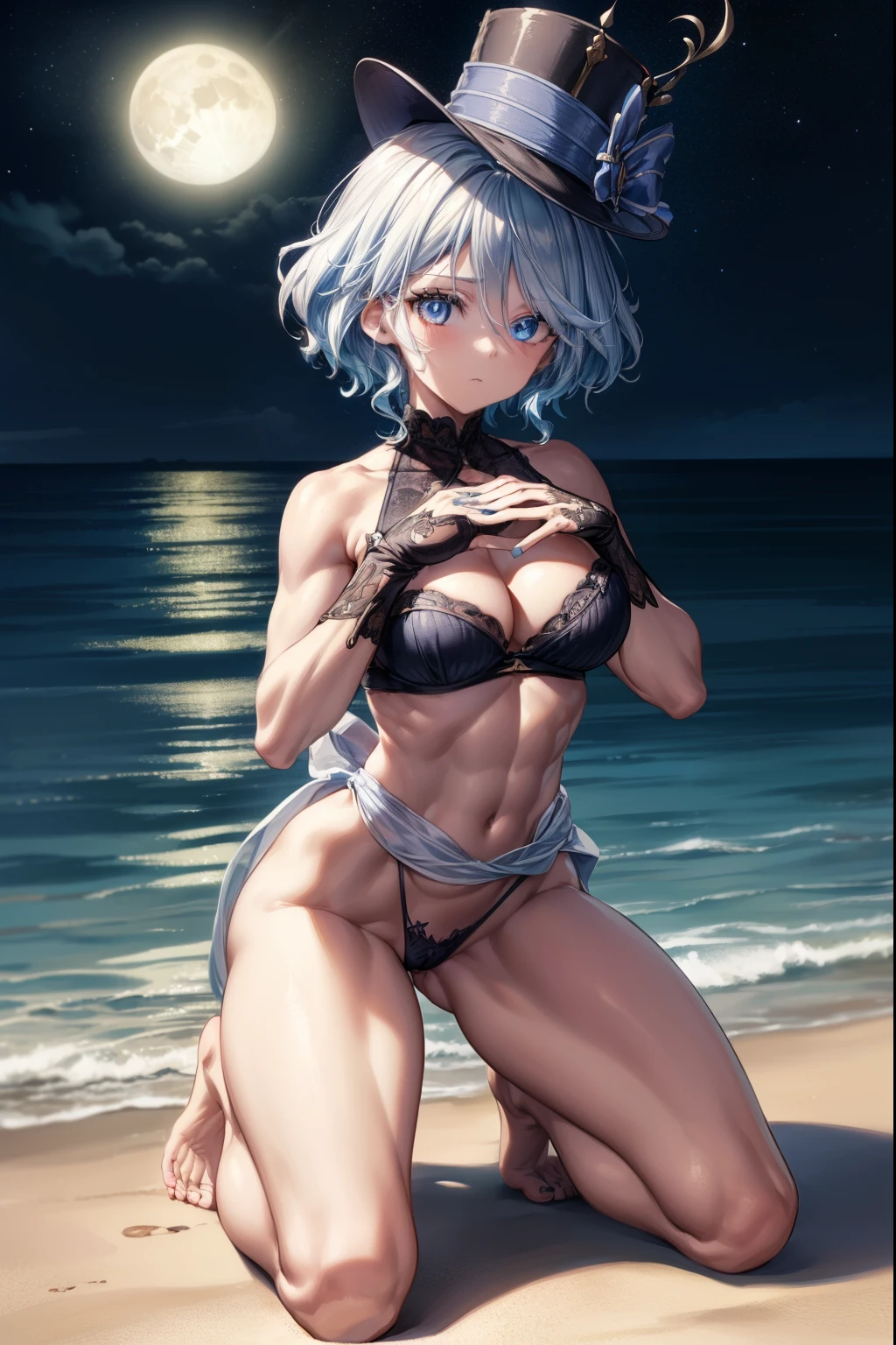 (Furina), 1 girl, blue eyes, blue hair, Topknot, Ahoge, hair over one eye, light blue hair, short fur, nails painted light blue, hat, black and transparent short panties, small transparent women's lingerie, (thighs muscular), muscular belly, big ass, thin waist, (big breasts), (((with hands on waist))), barefoot, (((full body photo))),Top hat, break looking at the viewer , (on the beach at night with starry sky and full moon), break (masterpiece: 1.2), best quality, very high resolution, Unity 8k wallpaper, (illustration: 0.8), (beautiful detailed eyes: 1.6), Extremely detailed face, perfect lighting, extremely detailed CG (perfect hands, perfect anatomy),