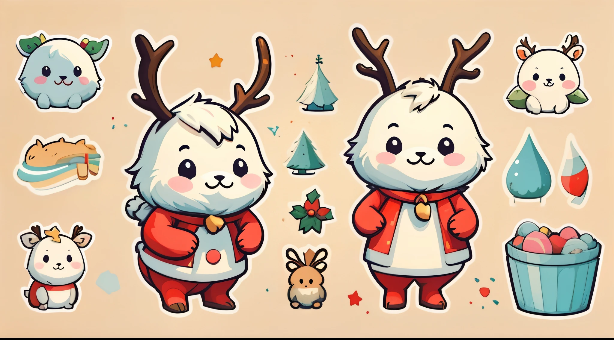 Group of cute santa reindeer, watercolor paiting, Simple background, Minimal, Cute, Tiny, pastel color, Vector style, handbook, separate image.