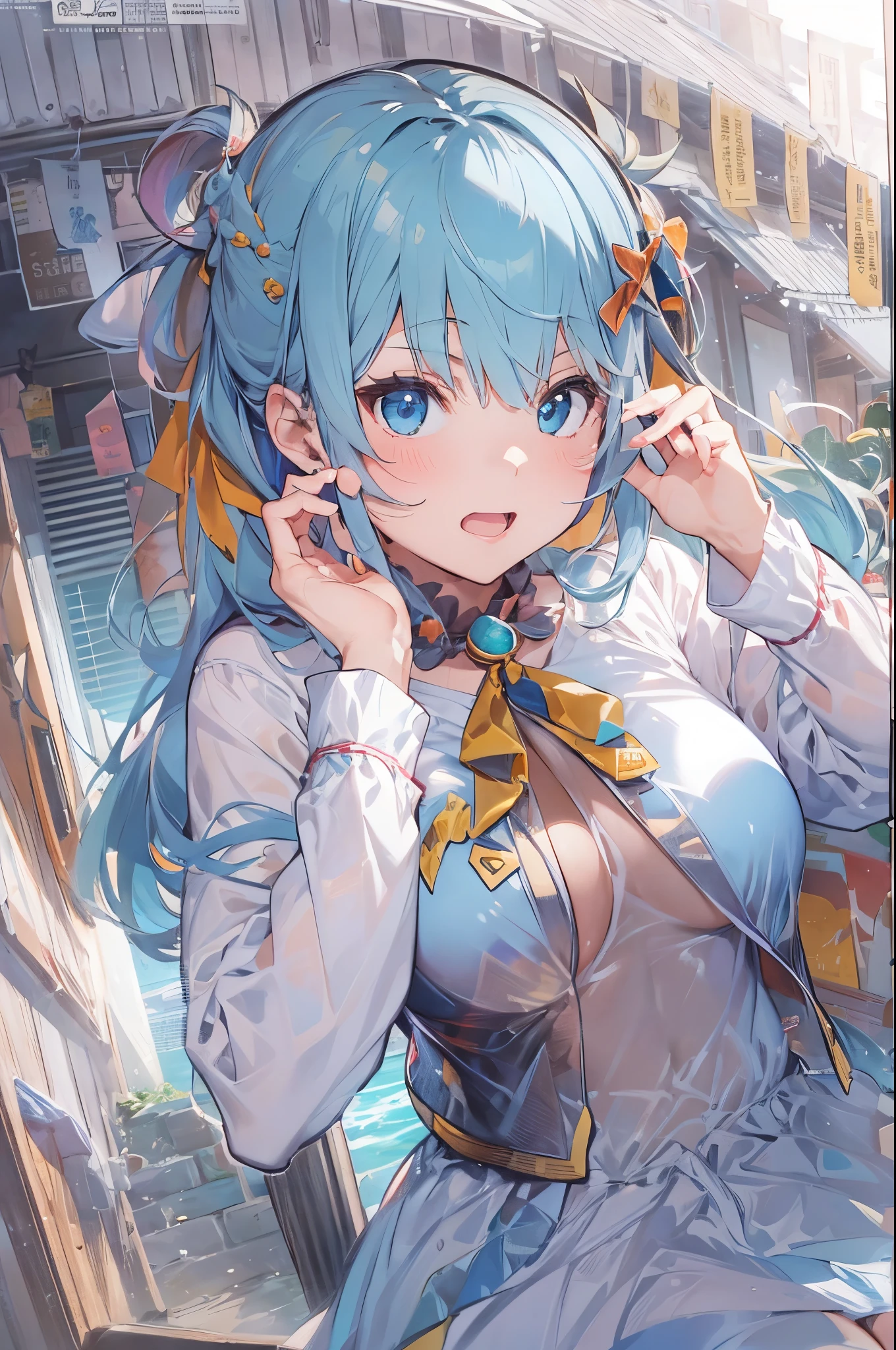(best picture quality, 4K, high quality, masterpiece::1.2), ((masterpiece)), high detail, high quality, best picture quality, high quality,(HDR,16k, RAW portrait of a beautiful girl, best quality, masterpiece:1.2), (super fine illustration), (realistic), (highly detailed skin), (ultra-high resolution),Captive、nsfw, (1girl in)、aqua\(Konosuba\)、blue eyess、blue hairs、white thighhig、red blush、middlebreasts、hair adornments、hair rings、length hair、Konosbalashii Sekainiszkufukuwo!, showing armpits,