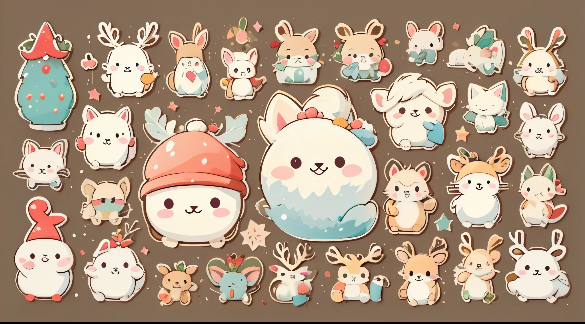 Group of cute santa reindeer, watercolor paiting, Simple background, Minimal, Cute, Tiny, pastel color, Vector style, handbook, separate image.