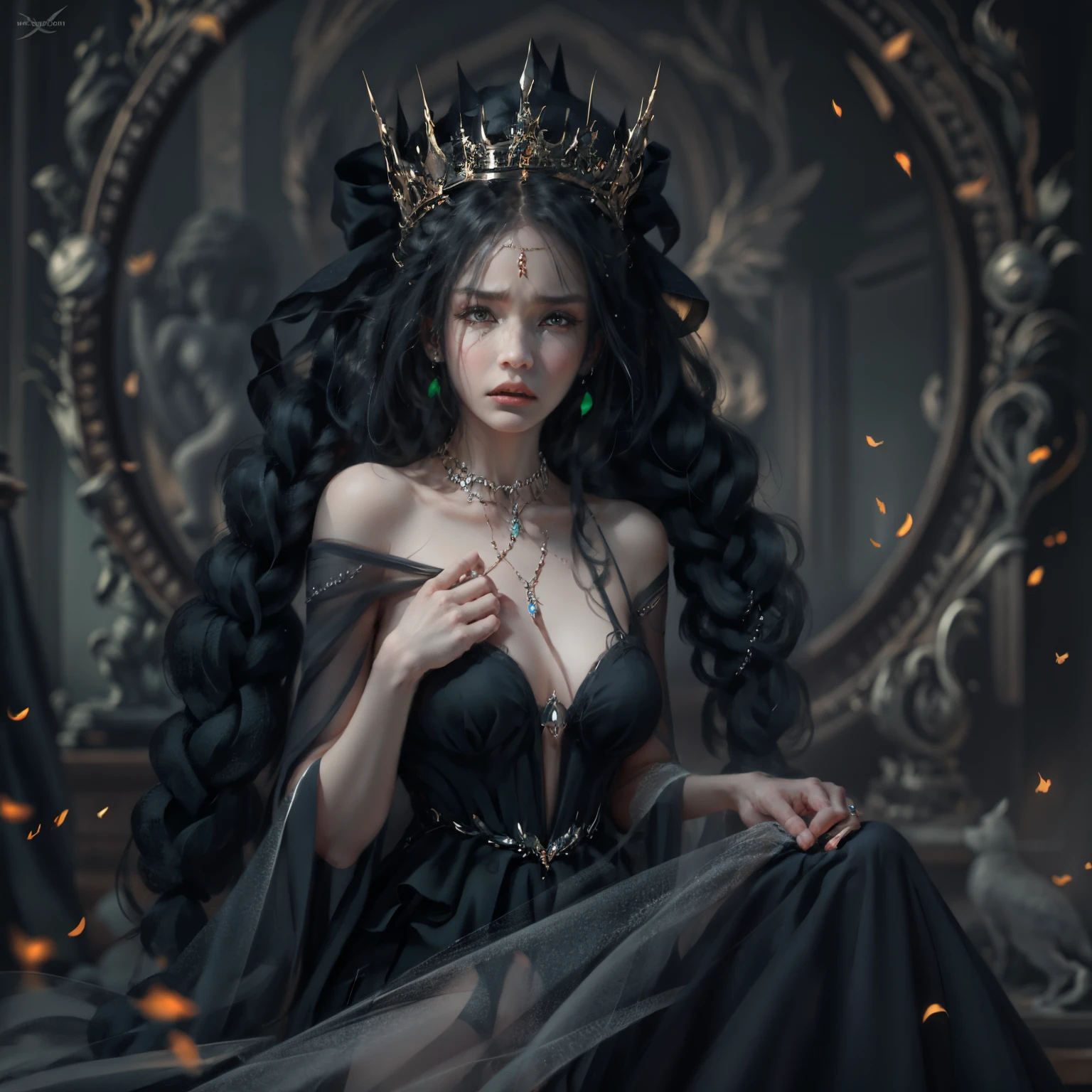 Phlegm sputum, phlegm, 1girll, Black dress, Black hair, Blurry, The background is blurred out, Braid, Breasts, circle of the crone, dress, Pedras preciosas, ghostblade, With gray eyes, A high resolution, jewelry, Lips, Long hair, necklace, Princess Aeolia, ring, Small breasts, Solo , ((Masterpiece)) ,wlstyle,Phlegm sputum, phlegm,Phlegm sputum, phlegm,nigh sky,inside in room,Black veil,A crown set with precious stones,sideface,with a melancholy expression,Keep your mouth shut