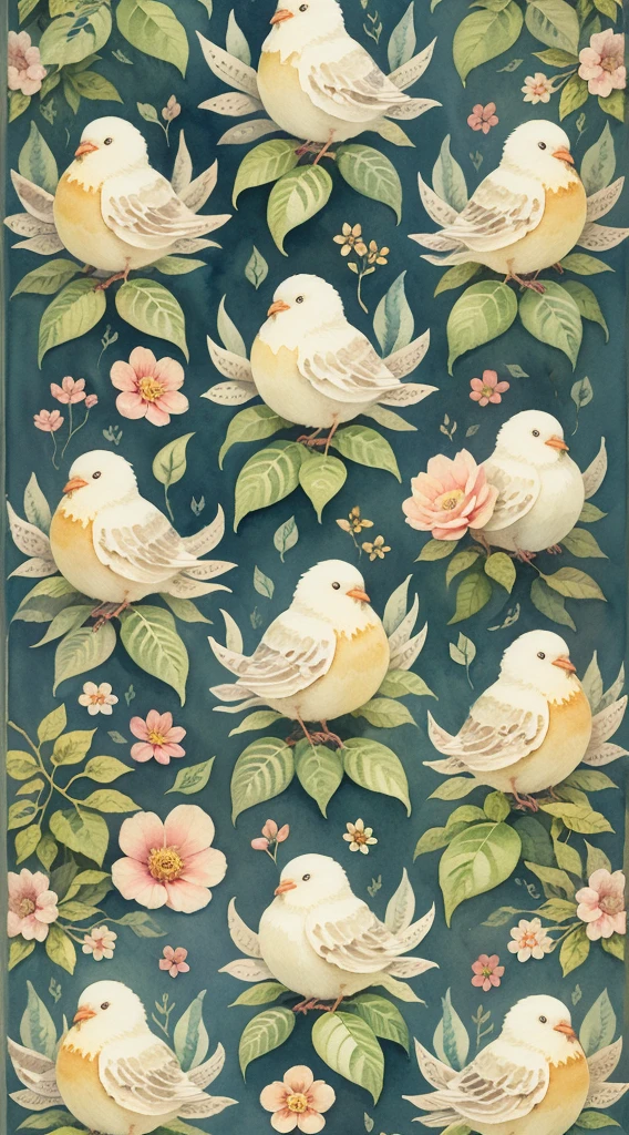 seamless pattern, vintage watercolor, flowers and birds
