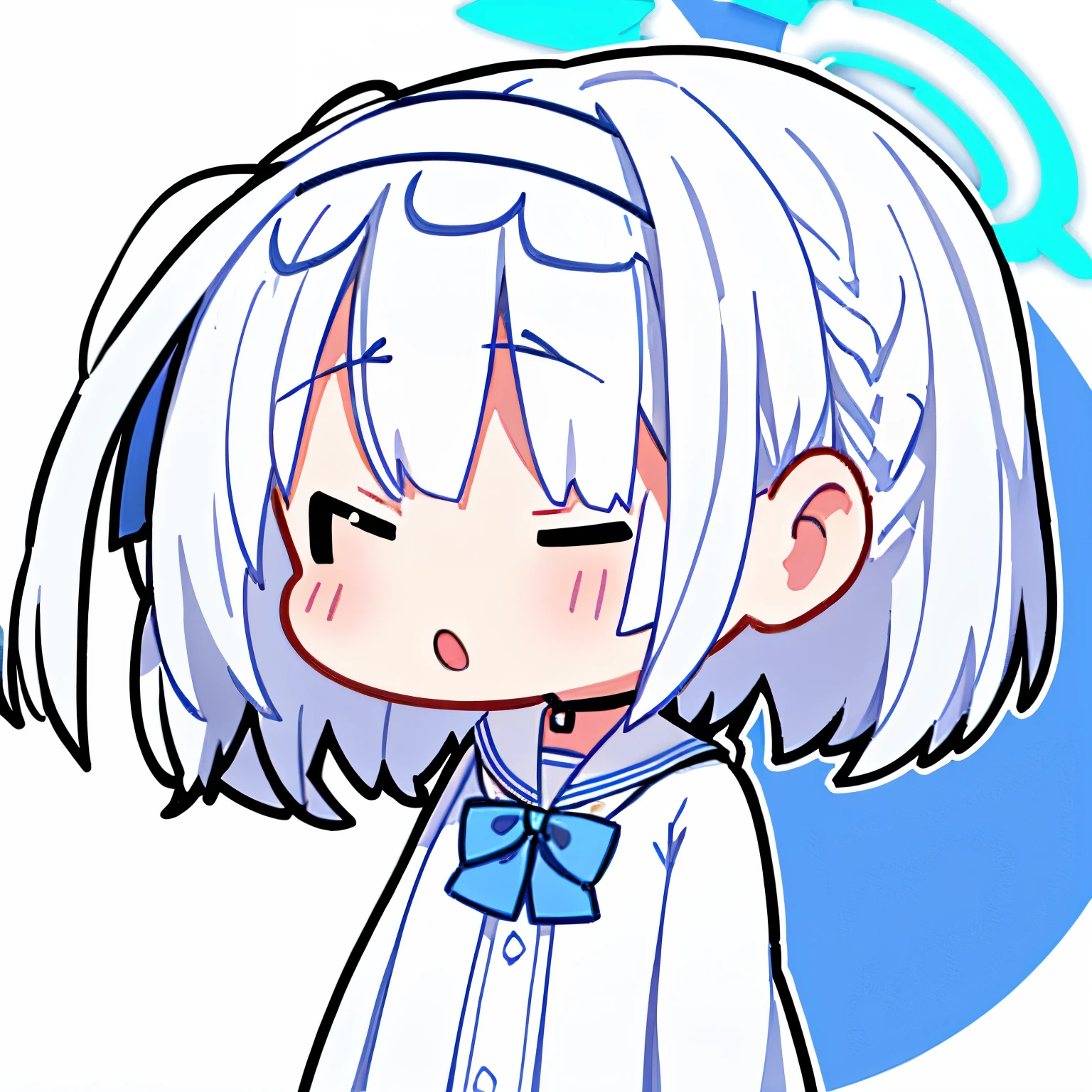 arona, 1girl, white hairband, bow hairband, halo, short hair, single braid, school uniform, blue shirt, white sailor collar, long sleeves, white bowtie, white choker, white background, chibi,
