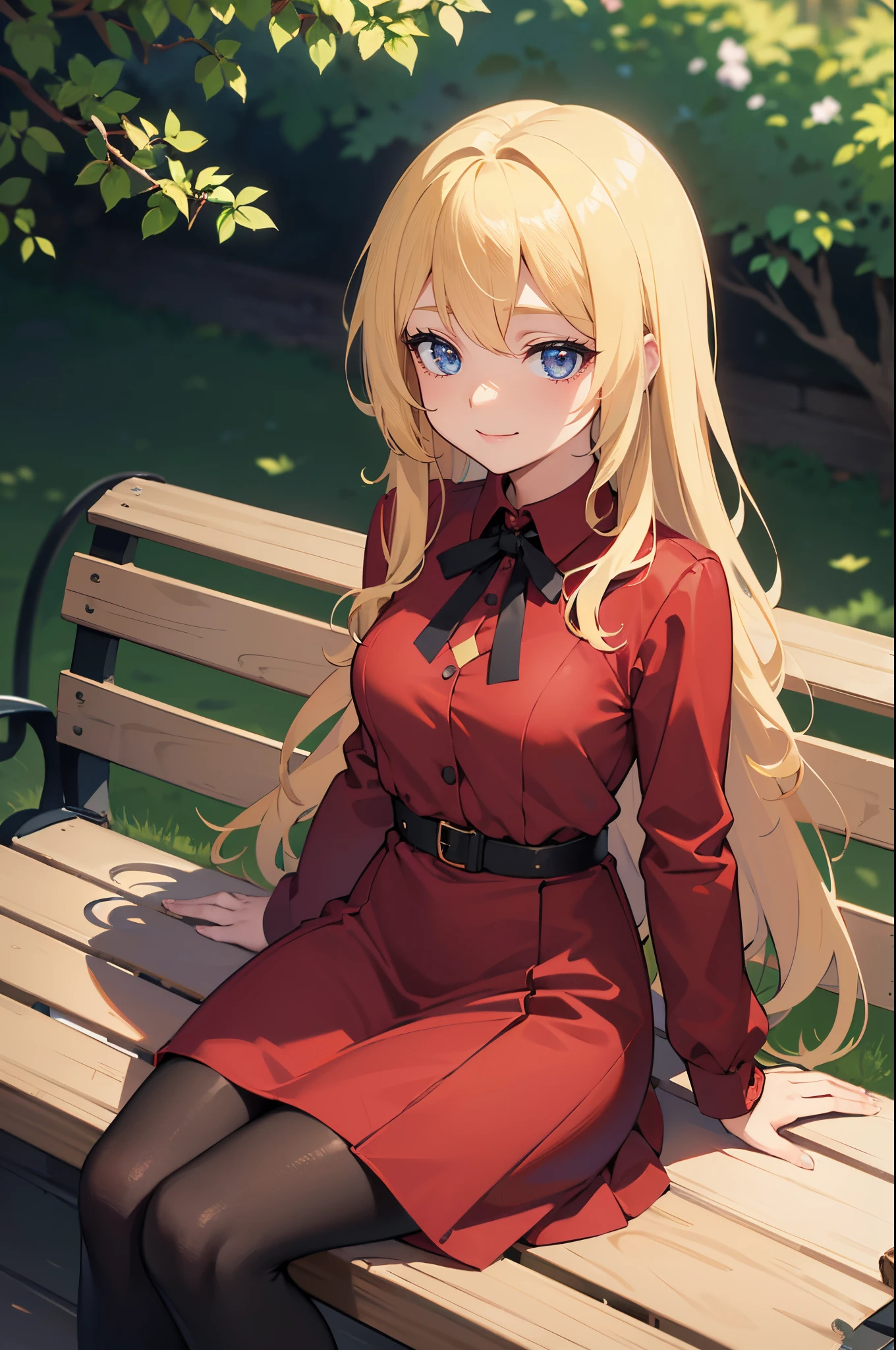 Safe for work, masterpiece, best quality, solo, 1 girl, wholesome girl,  (young female body:1.4), ( medium breasts), cowboy shot,  shy smile, flustered, yellow golden wavy hair, extra long blonde hair, hime cut, crystal blue eyes, very detailed eyes, good details, griffin style dress, thight red dress, maroon red dress, white  pantyhose, outdoors, park bench, sitting, ver long hair, long sleeves, hands in lap, elegant girl