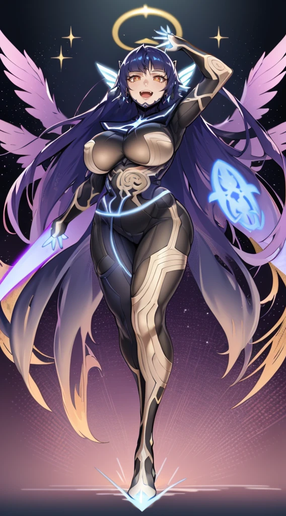 e,, holy magicalgirl, open mouth fang, holy haura, halo, smile, joyfull, paladin, sword holding, full body , boots, standing,cute,breast, curvy, female,fantasy goddess,there is a cartoon picture of a woman with a very large breast, glowing angelic being, glowing holy aura, inspired by Luma Rouge, the non-binary deity of spring, ethereal rainbow nimbus, the butterfly goddess of fire, inspired by Marie Angel, glowing aura around her, astral fairy, as the goddess of the sun, “uwu the prismatic person, big breast, happy, beautiful eyes, , full body, walking, long robe, long dress, ,priestess ,holy, smile, god rays, ray tracing, sparkle, cinematic lighting, UHD, retina, masterpiece, ccurate, anatomically correct, textured skin, super detail, high details, high quality, award winning, best quality, highres, 1080P, HD, 4K, thunder aura, light aura,full body suit