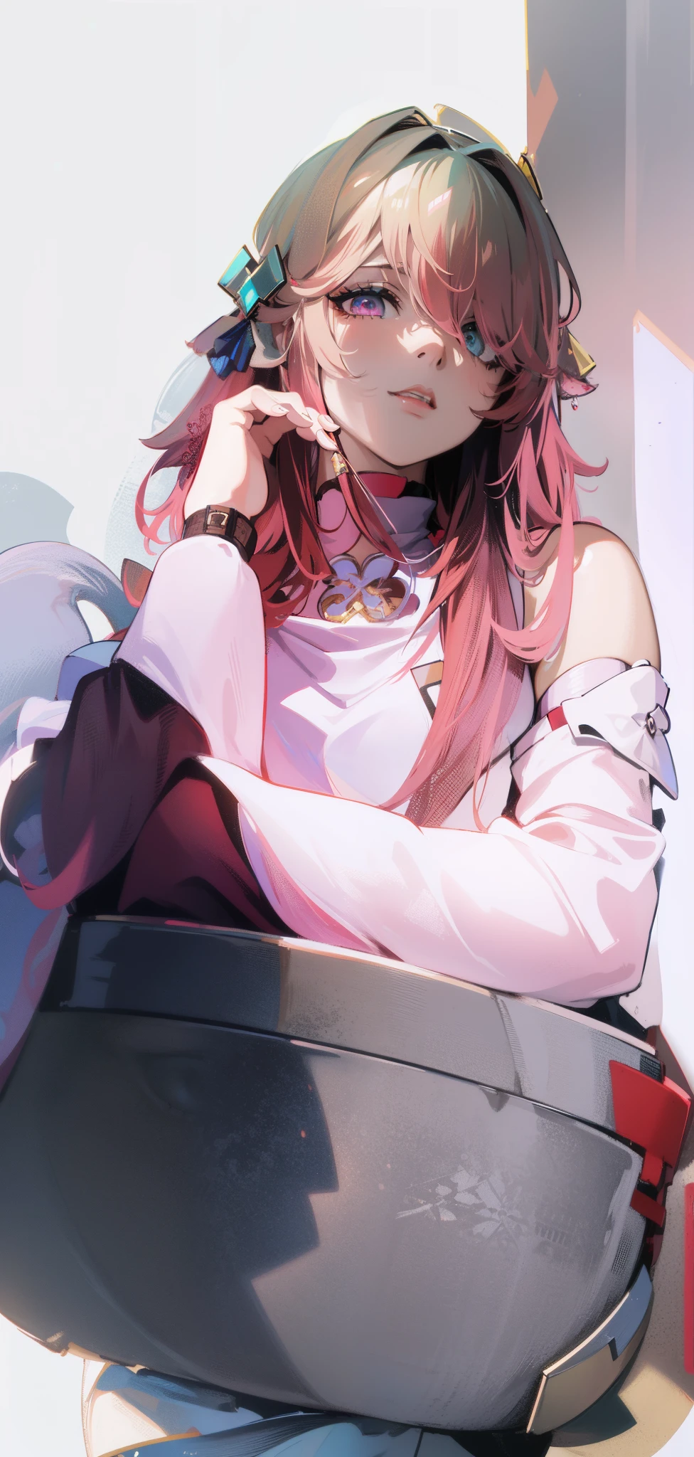(masterpiece, best quality, 1girl, solo, intricate details, chromatic aberration), (illustration:1.2),realistic, ((medium breath)),long hair, pink hair, (hair ornament:1.35), red head ornament, red highlights, hair over one eye, green eyes, sharp eyes, choker, neon shirt, torn legwear, open jacket, turtleneck sweater, against wall, brick wall, graffiti, dim lighting, alley ,look at viewer, full body,hyper detailed, highly detailed, beautiful,
ultra detailed, best quality, intricate, sharp, digital illustration, detailed, intricate, 4k, 8k, good anatomy,(extremely detailed CG, unity, 8k wallpaper:1.1), beautiful face, highly detailed face,