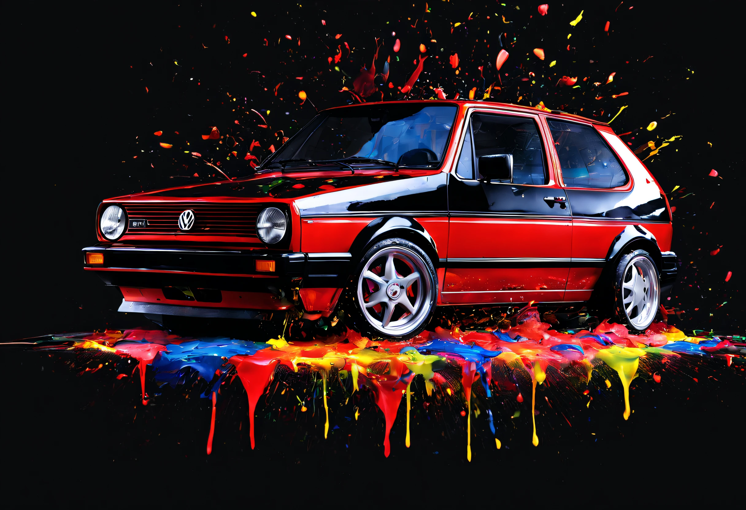 Volkswagen Golf II Gti, black background, exploding paint, best quality, ultra-detailed, realistic, portraits, vibrant colors, studio lighting, sharp focus, physically-based rendering, professional, bokeh