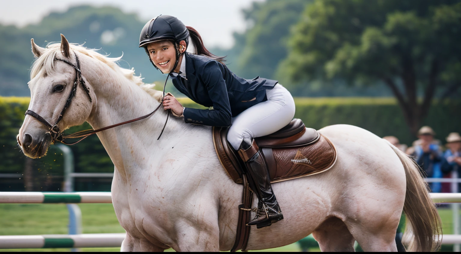 101
(a 20 yo woman,Riding on a white horse), (A hyper-realistic), (high-level image quality), ((beautiful hairstyle 46)), (I have my hair in a ponytail), (Gentle smile), (Keep your mouth shut), (ride horse、Horse racing、Equestrian competitions)