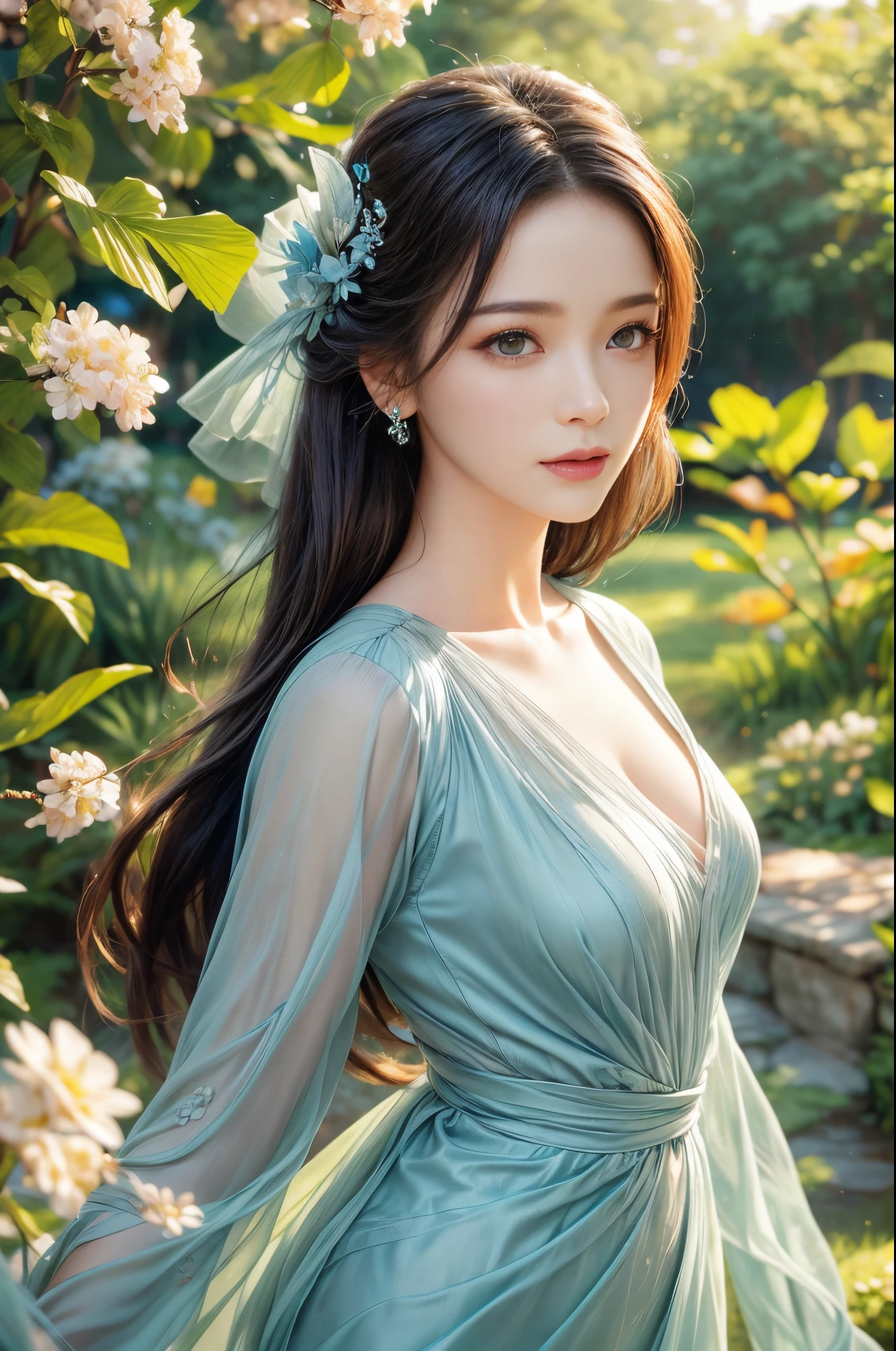 (woman wearing silver blue dress),(Stand gracefully),(with dynamism、Colorful garden front),(Shooting from front),(With double exposure effect),(Create an ethereal atmosphere),(Best quality,4K,8K,A high resolution,tmasterpiece:1.2),ultra - detailed,(actual,realistically,realisticlying:1.37),(oil painting or fine art:1.1),(beautidful eyes),(beautiful detailed lips),(Long eyelashes),(The soft, floated hair),(beautiful postures),(with a calm expression),(There are flowers all around),(Lush greenery),(butterflies flying),(Natural sunlight illuminates the scene),(evoke a feeling of tranquility and beauty),(Soft color palette),(Subtle and dreamy lighting)。