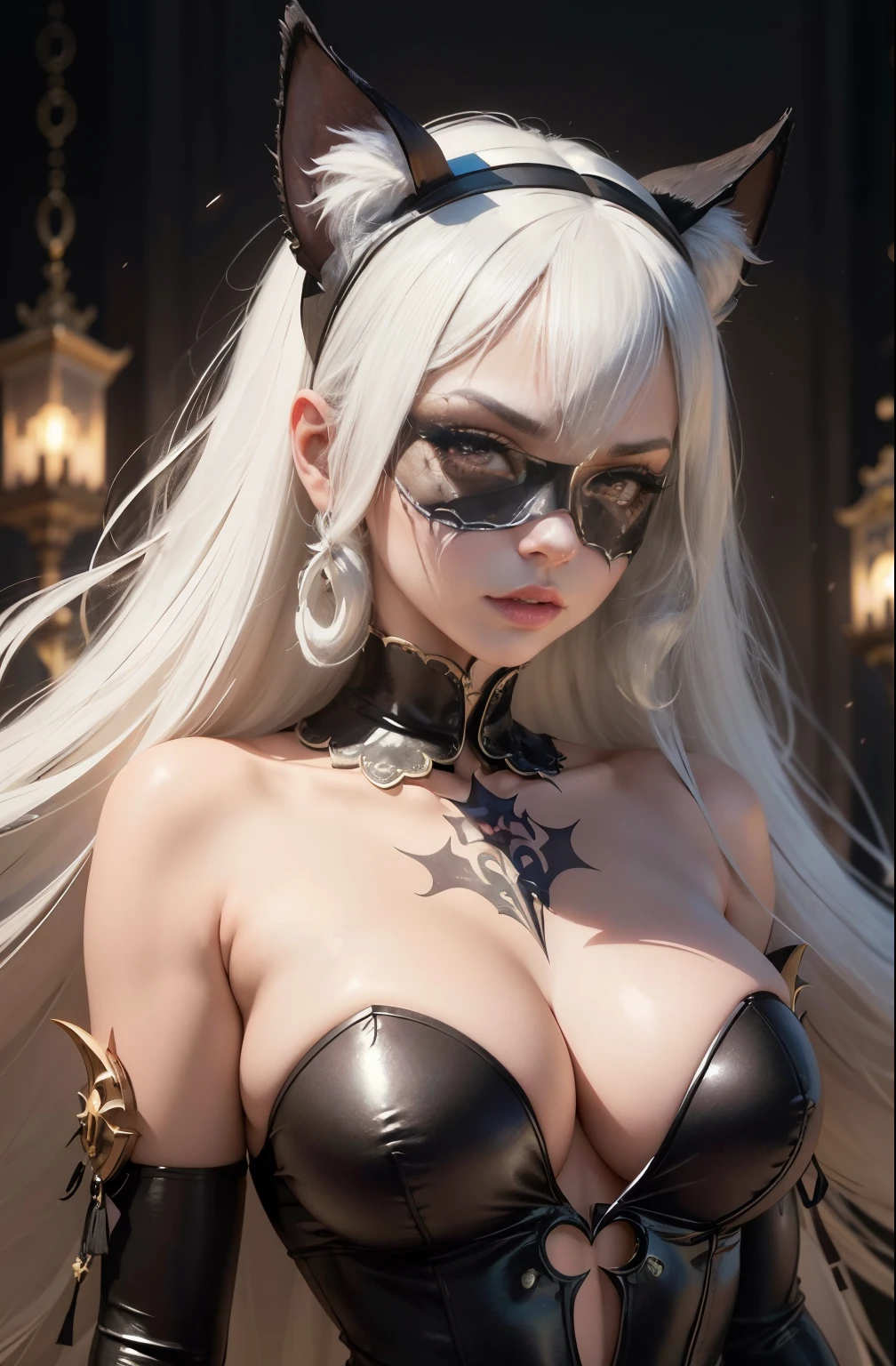 a close up of a woman in a costume with a cat mask, an album cover by Sebastian Vrancx, tumblr, rococo, doja cat as cat woman, kerli koiv, beth cavener, a very beautiful berserker woman, kerli koiv as anime girl, white horns queen demon, doja cat, jessica nigri, evil godess