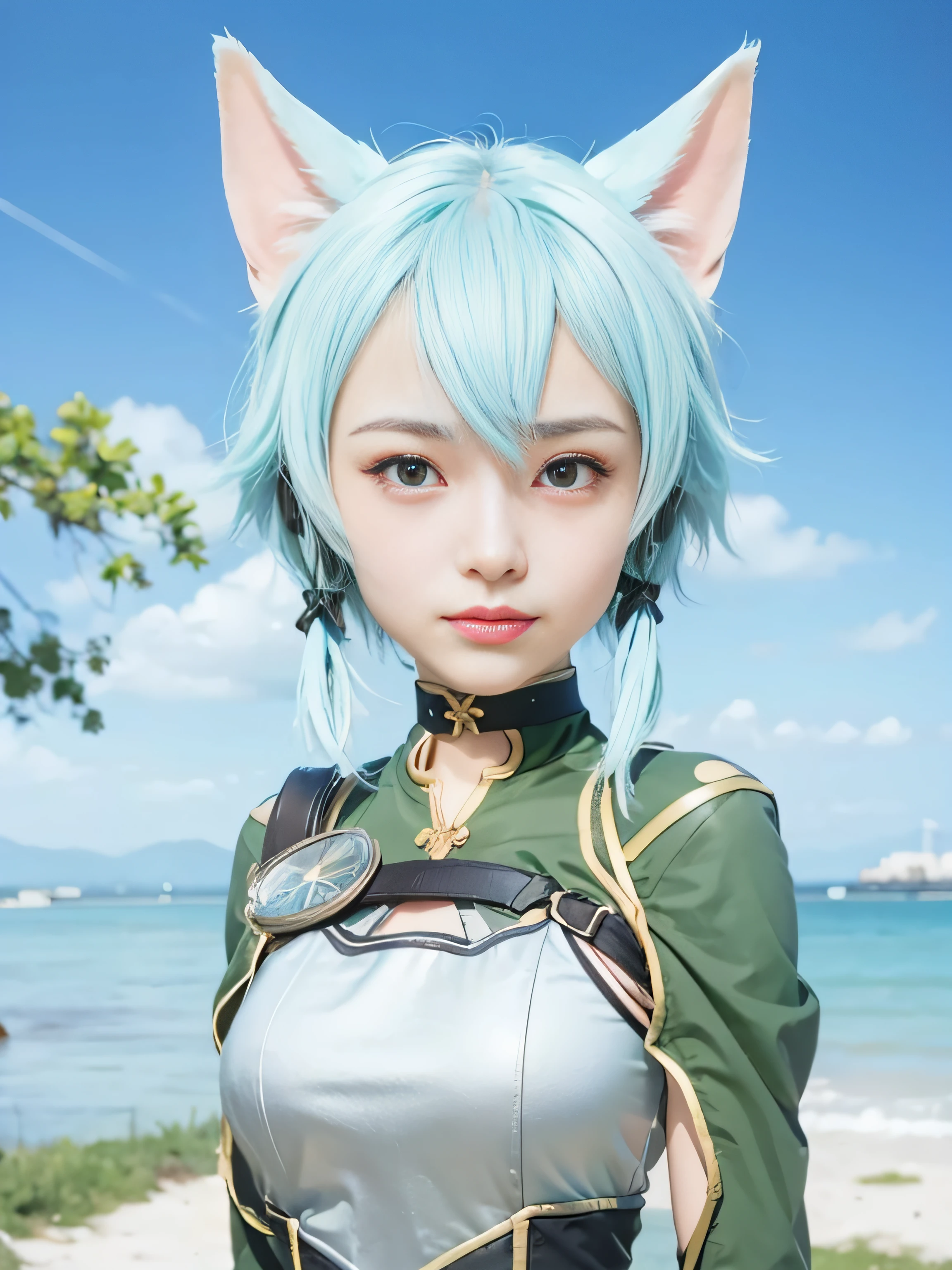 masterpiece, best quality, (realistic, photo-realistic:1.4), (RAW photo:1.2), extremely detailed CG unity 8k wallpaper, delicate and beautiful, amazing, finely detail, official art, absurdres, incredibly absurdres, huge filesize, ultra-detailed, extremely detailed, extremely detailed girl, extremely detailed eyes and face, light on face,(:1.7),little smile,sinon,hair ornament, hair between eyes,hair ribbon, short hair, sidelocks,choker,cat ears,breastplate