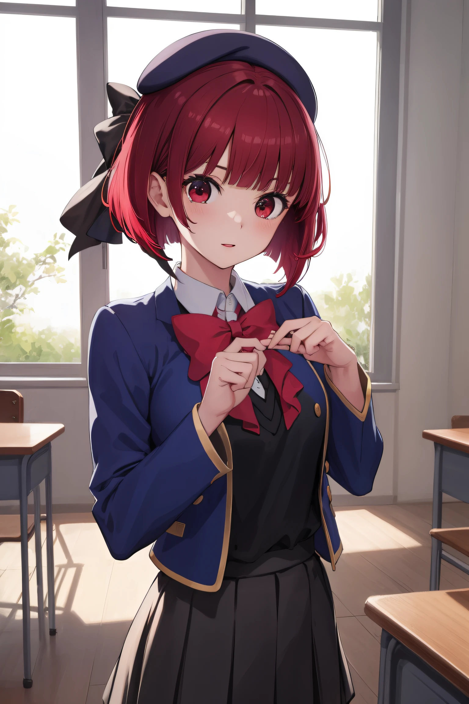 kanaarima, kana arima, bob cut, (red eyes:1.5), red hair, short hair,
BREAK beret, blue headwear, blue jacket, blue vest, hat, jacket, pantyhose, ribbon, school uniform, skirt, vest, youtou high school uniform,
BREAK looking at viewer,standing,
BREAK indoors, classroom,
BREAK (masterpiece:1.2), best quality, high resolution, unity 8k wallpaper, (illustration:0.8), (beautiful detailed eyes:1.6), extremely detailed face, perfect lighting, extremely detailed CG, (perfect hands, perfect anatomy),