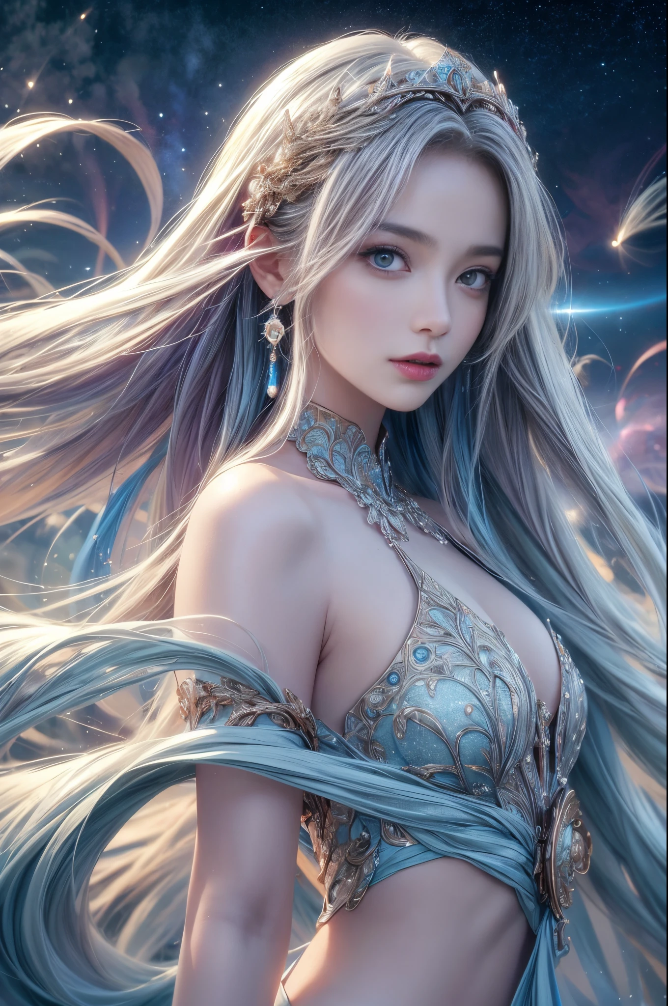 (Best quality at best:1.2, 4K, cosmic:1.0), cosmic double exposure, bautiful young woman, Very long hair, 1 girl, cosmic, Solitary, White armor, 超A high resolution, tokyo fashion, (Best quality at best:1.2, A high resolution, vivd colour, professional, Focus sharp, long and flowing hair, Breathtakingly beautiful, Ethereal:1.1), cosmic portrait