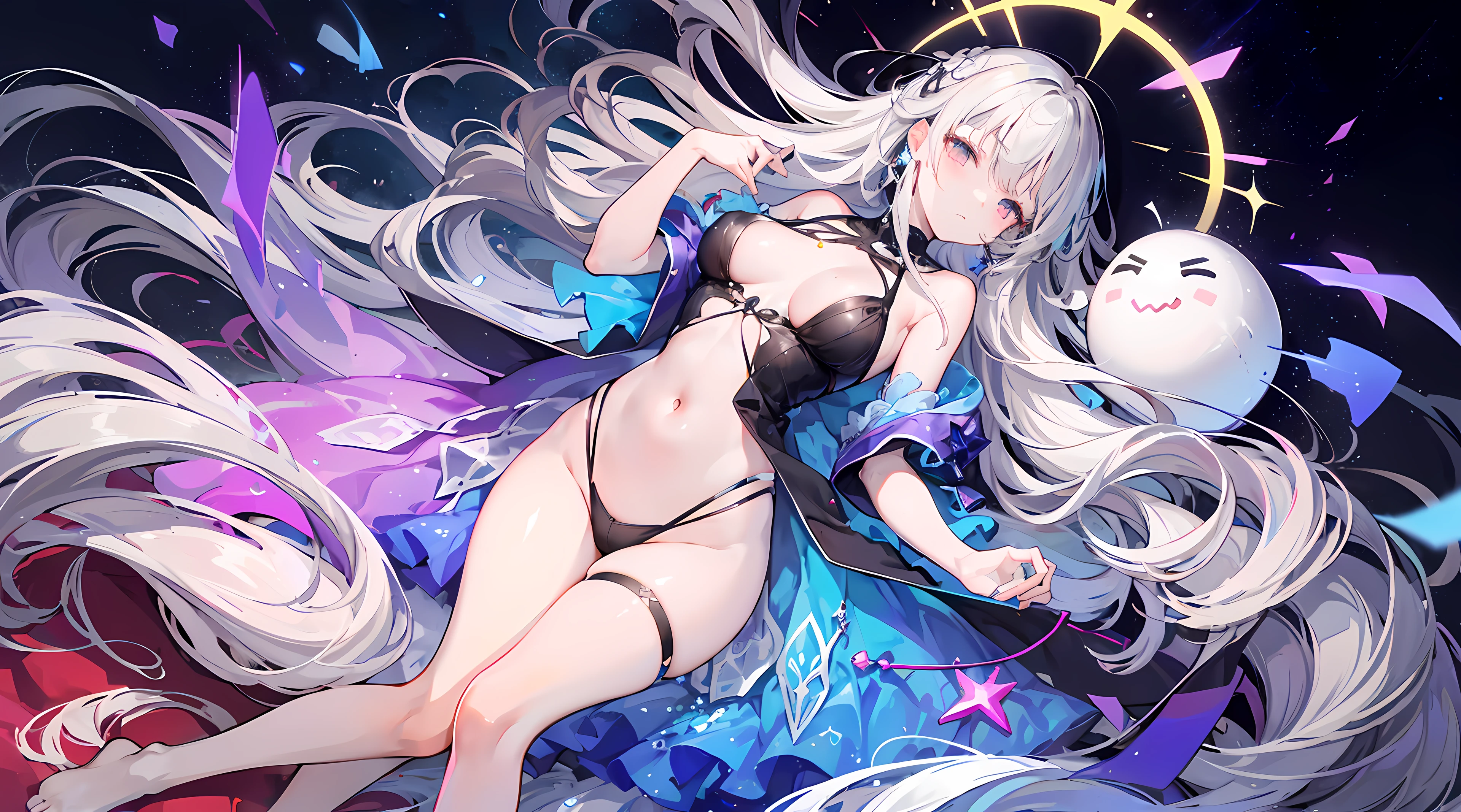Lilac gradient hair,Asymmetrical hair,（（Hair is very thick 1.8，Hair is well-defined1.6））， Hair over the shoulder, messy  hair, Very long hair, shinny hair，(Long gray hair:1.2),A beautyful girl，（Luxurious Platinum Mini Lolita，Made of transparent material），（Transparent clothes transparent 1.8），perfect body figure，high and high，slenderness，(looking sad，Haggard complexion、pale nipples ，grieves，close your mouth：1.2） Against the backdrop of an unusually bright dark starry sky，（lie on one's side）（Place your hands behind your back），（Round, medium large, firm breast），The barefoot，afloat，waterface，（long leges，long leges，long leges，Perfect leg shape），fully body photo。