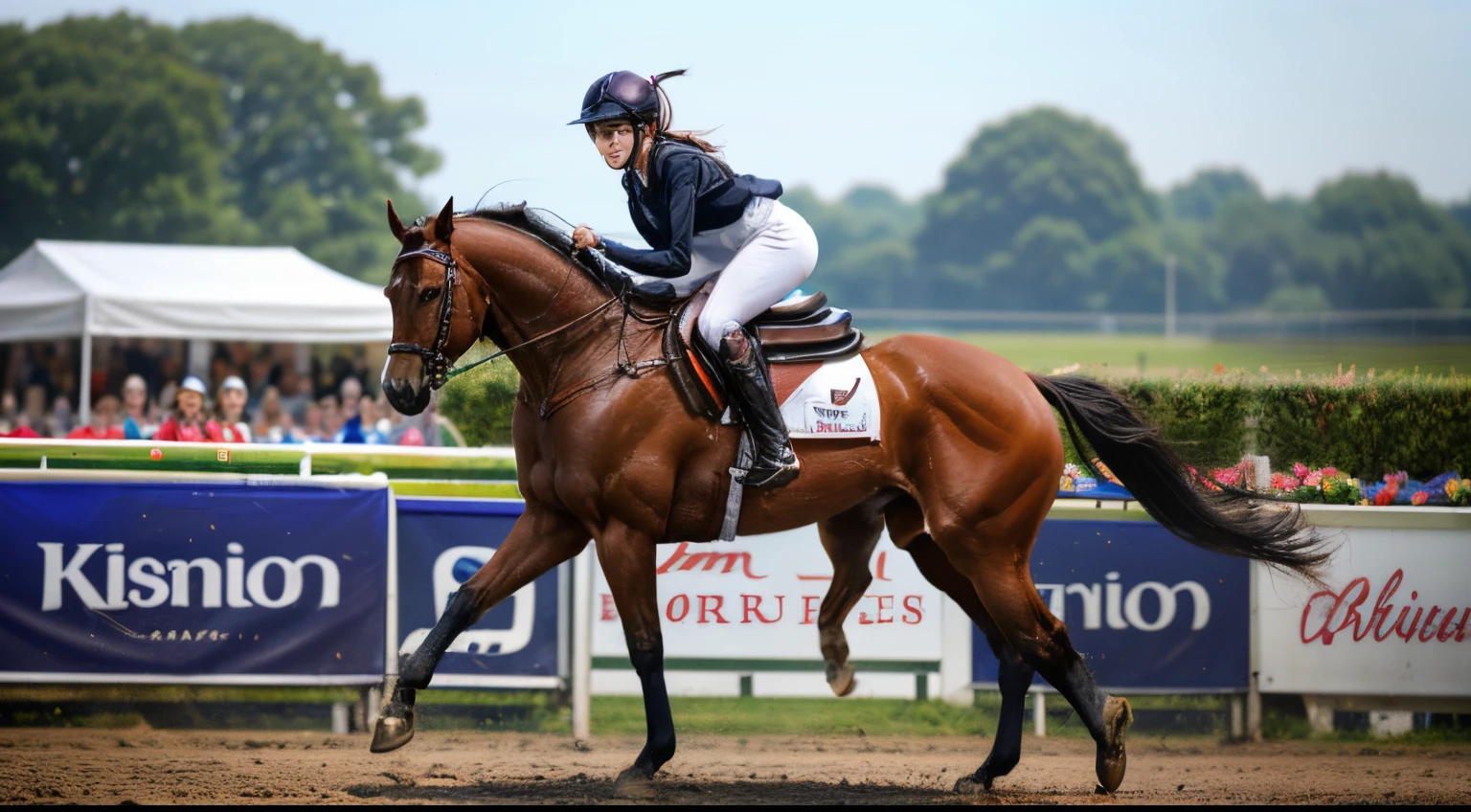 101
(a 20 yo woman,Riding on a white horse), (A hyper-realistic), (high-level image quality), ((beautiful hairstyle 46)), (I have my hair in a ponytail), (Gentle smile), (Keep your mouth shut), (ride horse、Horse racing、Equestrian competitions)