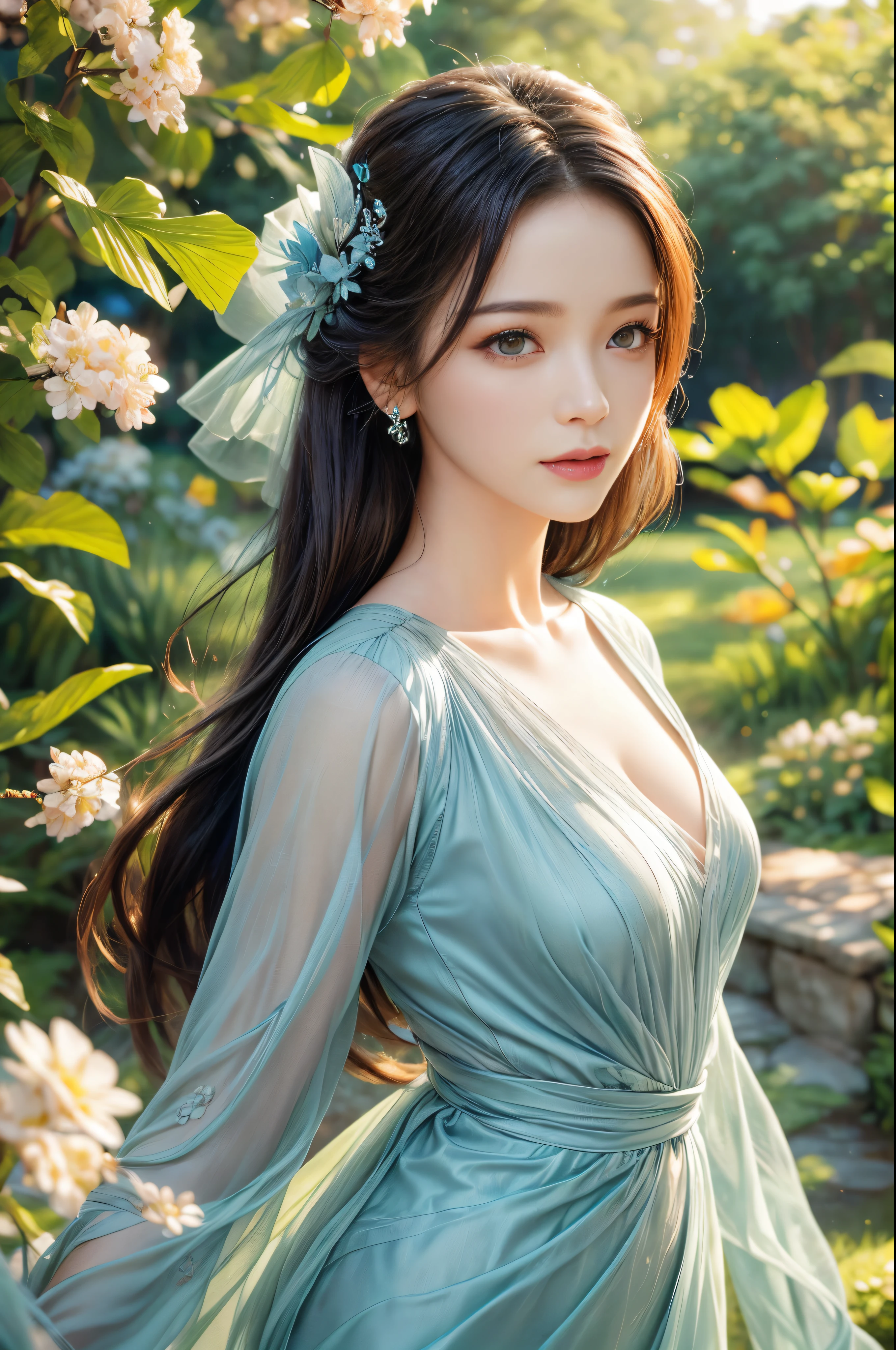 (woman wearing silver blue dress),(Stand gracefully),(with dynamism、Colorful garden front),(Shooting from front),(With double exposure effect),(Create an ethereal atmosphere),(Best quality,4K,8K,A high resolution,tmasterpiece:1.2),ultra - detailed,(actual,realistically,realisticlying:1.37),(oil painting or fine art:1.1),(beautidful eyes),(beautiful detailed lips),(Long eyelashes),(The soft, floated hair),(beautiful postures),(with a calm expression),(There are flowers all around),(Lush greenery),(butterflies flying),(Natural sunlight illuminates the scene),(evoke a feeling of tranquility and beauty),(Soft color palette),(Subtle and dreamy lighting)。