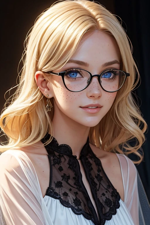 A beautiful 23 years old woman, with short wavy blonde hair, wearing glasses and a black veil, blue eyes, freckles, happy facial expression.