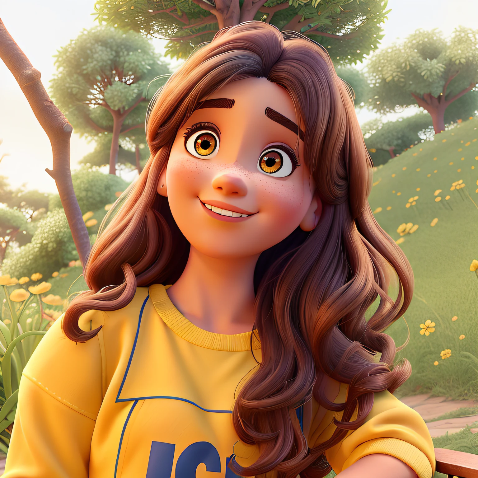 Menina de 13 anos de pele clara, olhos marrons, cabelos ondulados pretos, orelhas cobertas. A cena deve seguir o estilo de arte digital diferenciado da Pixar, Focusing on Characters' Expressions, Vibrant colors and detailed textures feature its animations.