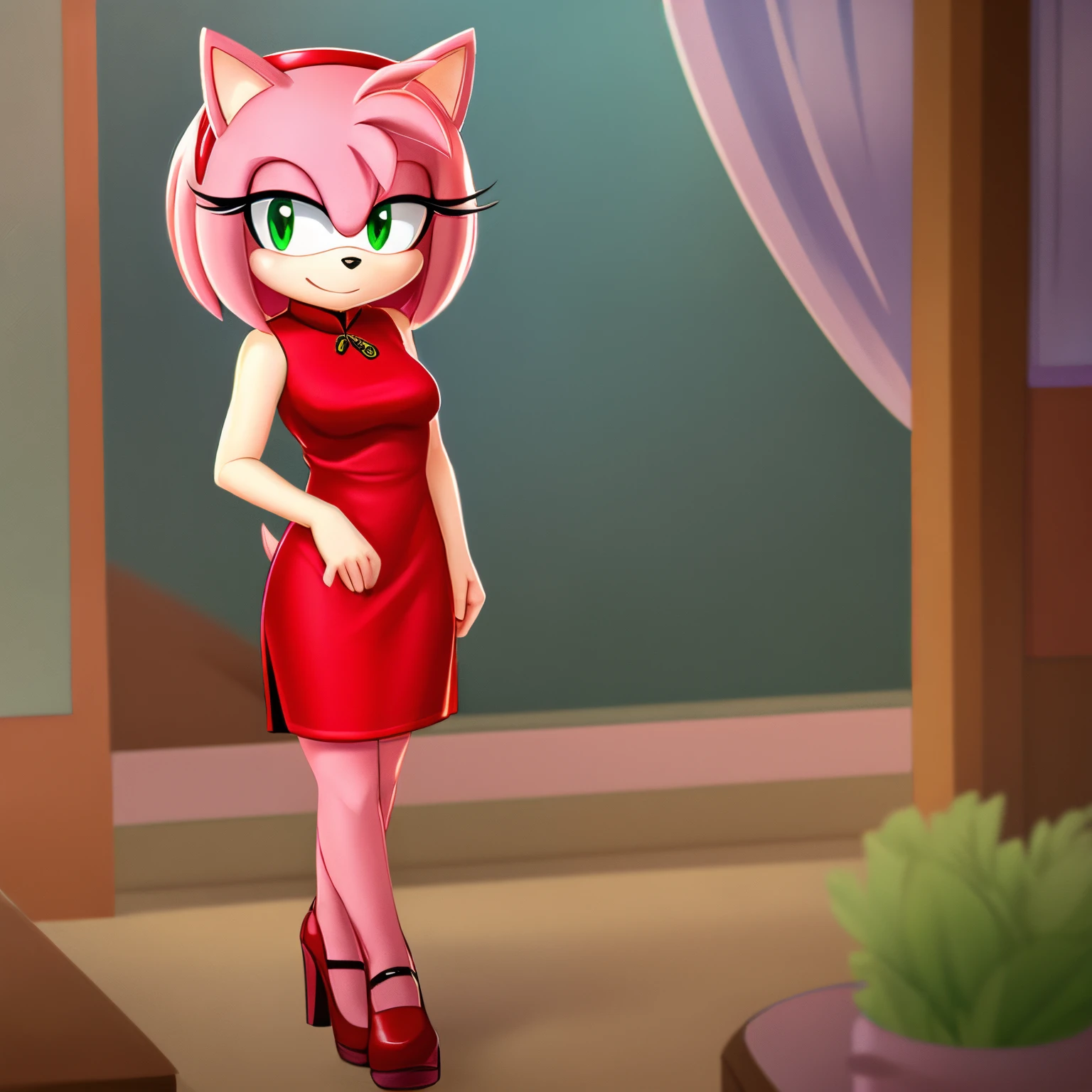 Amy Rose wearing a cheongsam dress