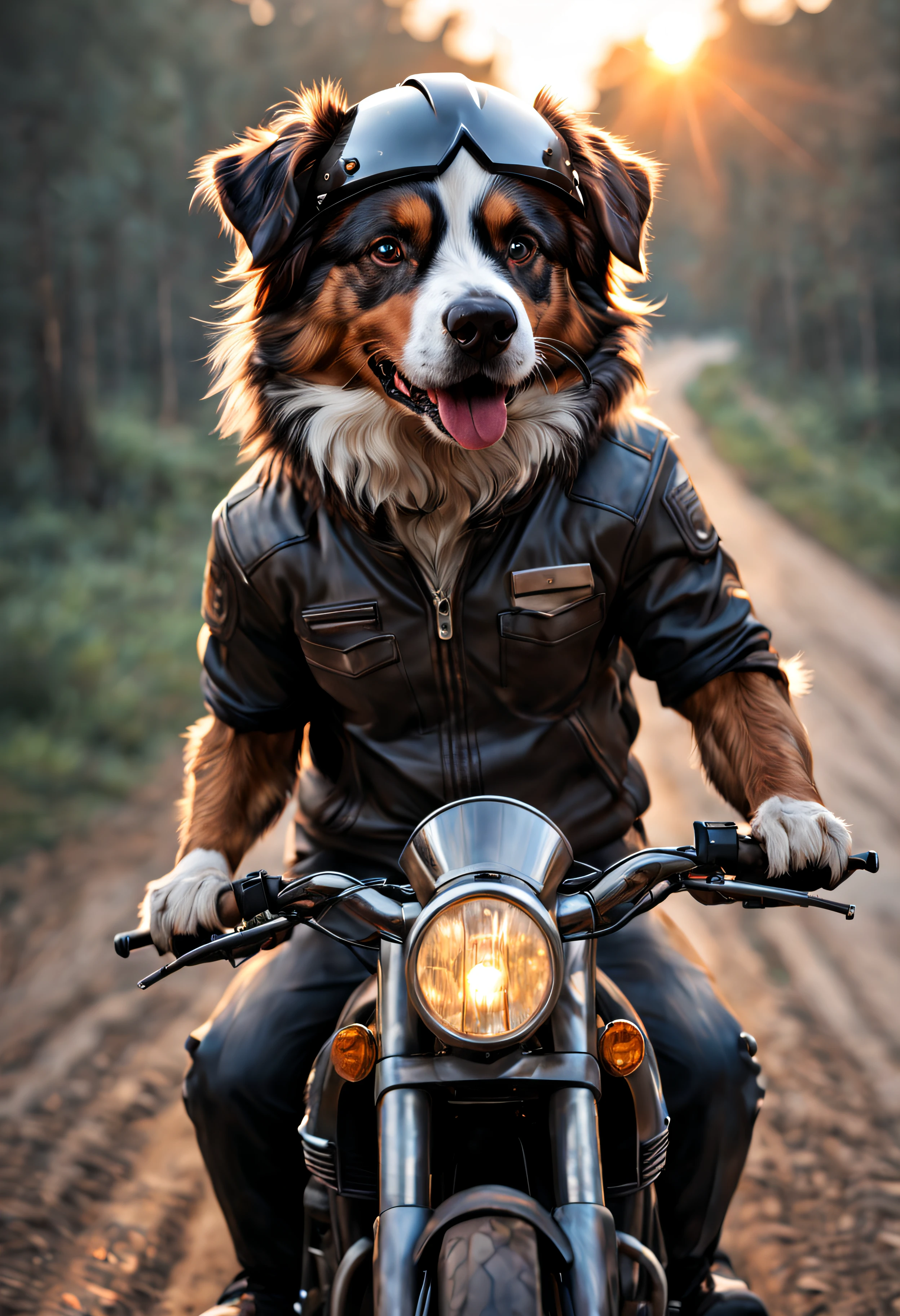 (australian shepherd dog), (motorcycle), (motorcycle rider outfit), (motorcycle helmet), (vivid colors), (sunset lighting), (realistic), (oil painting), (dog portrait), (detailed fur), (dynamic action), (focused expression), (dirt road), (adventurous spirit), (playful), (speed and motion), (rural landscape), (joyful energy), (harmony with nature), (wide-angle perspective), (sharp focus), (highres), (professional rendering), (bokeh), (colorful sunset), (brilliant hues), (photorealistic), (atmospheric lighting), (masterpiece:1.2), (ultra-detailed), (outdoor scenery), (energetic movement), (impressive details), (authenticity), (fine art), (creativity), (emotion), (exciting adventure)
