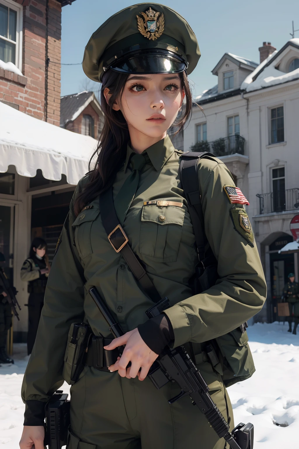 1girll, female soldier，Army Suit，Dark green military uniform，Fabric texture: Armed Police Uniforms，snow-white lining，Dark green tie，Black hair，the golden ratio,[:(with detailed face:1.2):0.2]:,pureerosface_v1, red flag，In the square，Superb view，Bright sun，Upper body photo，hand on the breasts， ，Officer's Cap