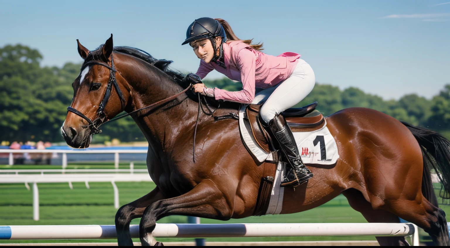 101
(a 20 yo woman,Riding on a white horse), (A hyper-realistic), (high-level image quality), ((beautiful hairstyle 46)), (I have my hair in a ponytail), (Gentle smile), (Keep your mouth shut), (ride horse、Horse racing、Equestrian competitions)