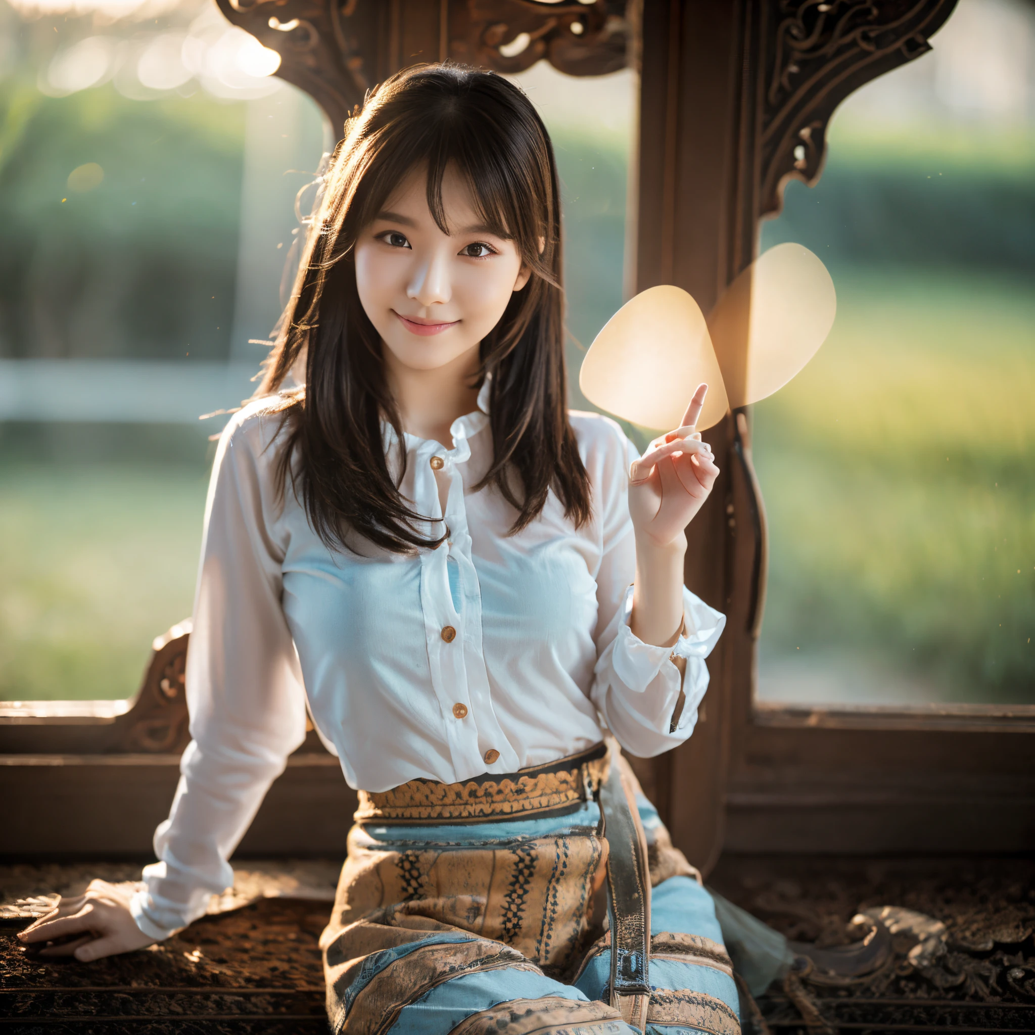 (8k, highest quality, masterpiece: 1.2), ultra detail, highest quality, ultra high resolution, professional lighting, photon mapping, radiosity, physically based rendering, cinematic lighting, depth of field, focusing, sun rays, good composition, (bokeh: 1.2), 1 girl, (full body), smile, beautiful eyes, pose, constriction, brown hair, short hair, prairie blouse light blue, skirt,park,hand {fingers} Kawaii {finger} hand,