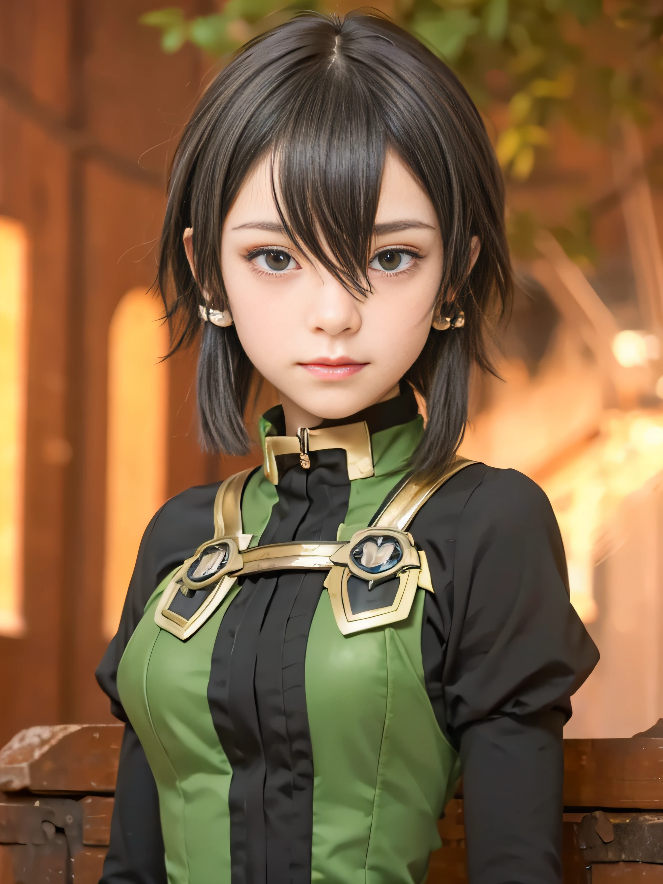 masterpiece, best quality, (realistic, photo-realistic:1.4), (RAW photo:1.2), extremely detailed CG unity 8k wallpaper, delicate and beautiful, amazing, finely detail, official art, absurdres, incredibly absurdres, huge filesize, ultra-detailed, extremely detailed, extremely detailed girl, extremely detailed eyes and face, light on face,(:1.7),little smile,asada shino,hair ornament, hair between eyes,white hair ribbon, short hair, sidelocks,,breastplate,silver armor,black hair