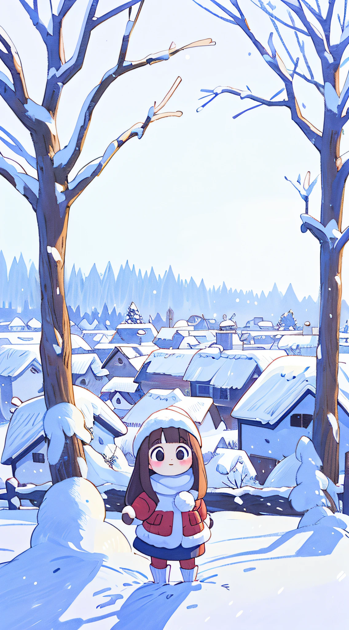 girl, long whitr hair, with a round face, largeeyes, down jacket, ssmile, 围巾, Winters, 城市, yukito, White snow, The tree, snow cover, in a panoramic view, frontage，cartoony，anime