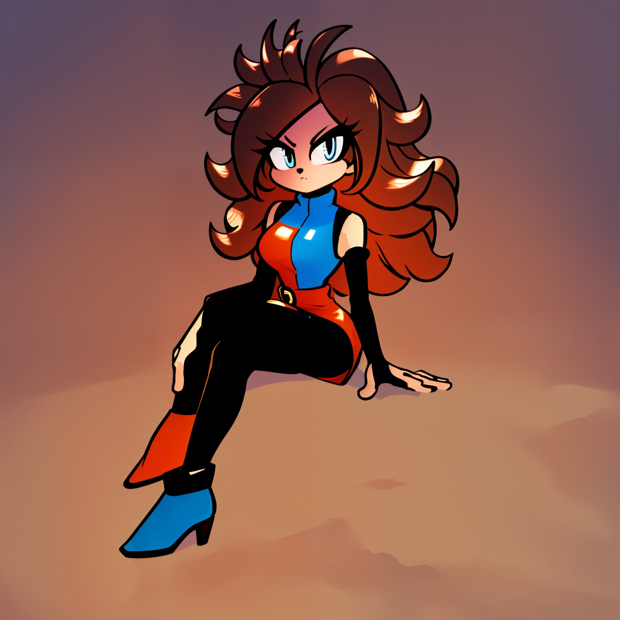 ((1girl)), ((solo)), female, mobian, Hedgehog, brown fur, furry, sitting crossed leg, sitting on a large rock, ((Her attire is a sleeveless short blue and red checker pattern high-neck minidress, opaque black tights, matching black detached arm sleeves, and blue (left foot) and red (right foot) ankle heel boots with gold tips.)), (Android 21 Cosplay), ((long brown hair)), ((long hair)), ((Android 21 styled hair)), light blue eyes, hair bangs, looking at viewer, (background forest, river, best lighting), (best quality)