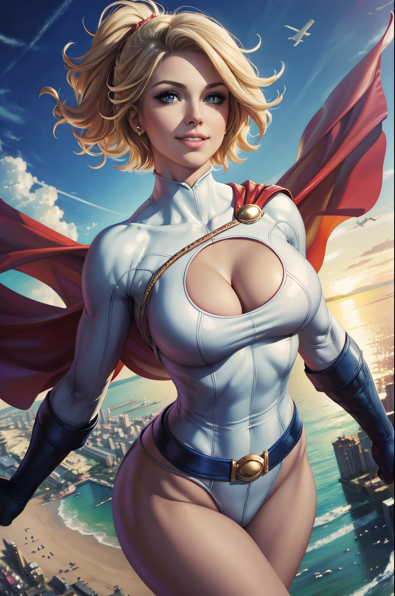 Power Girl from DC comics, (best quality,4k,8k,highres,masterpiece:1.2),ultra-detailed,realistic,portrait,beautiful detailed eyes,beautiful detailed lips,extremely detailed eyes and face,long eyelashes,sexy,medium:oil painting,glowing skin,flowing hair,radiant smile,power girl in the air,flying,confident pose,stunning curves,vivid colors,dramatic lighting,serene background,striking composition, short blonder hair, sexy