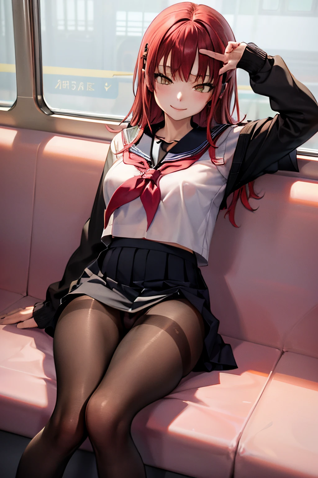 masutepiece, Best Quality, absurderes, Perfect Anatomy, 1girl in, Solo, Yoko Katori, Long hair、 ((On the train))、((A smile))、((pantyhose))、((Japan school uniform))、((a sailor suit))、((lowfers))、((Sweaters))、((a black skirt))、((Show panties))