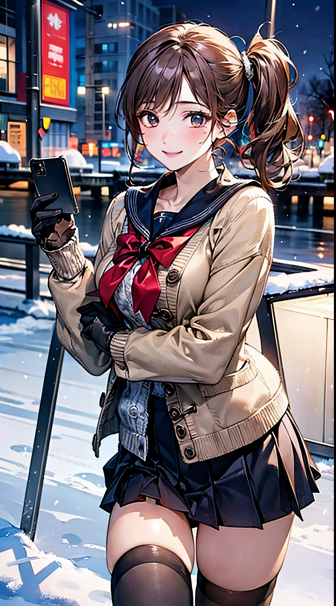 ((((, , perfect anatomy, super detailed skin)))), 1 girl, japanese, , shiny skin, large breasts:0.5, watching the view, (smile:1.5),
beautiful hair, beautiful face, beautiful detailed eyes, (middle hair:1.7, side ponytail:1.4),
beautiful clavicle, beautiful body, beautiful chest, beautiful thigh, beautiful legs, babyface, , le under eye,
((navy school uniform, long sleeves, navy pleated skirt, sailor collar, light brown cardigan, black thigh-highs,
((brown medium coat, muffler, knitted gloves)), extremely sexy, seductive thighs)), white panties,
(beautiful scenery), winter, evening, hokkaido, sapporo, outdoors, snow, snowfall:1.5, freezing weather, frost, walking, holding a phone,
(8k, top-quality, masterpiece:1.2, extremely detailed, , ), (photorealistic), beautiful illustration, cinematic lighting,