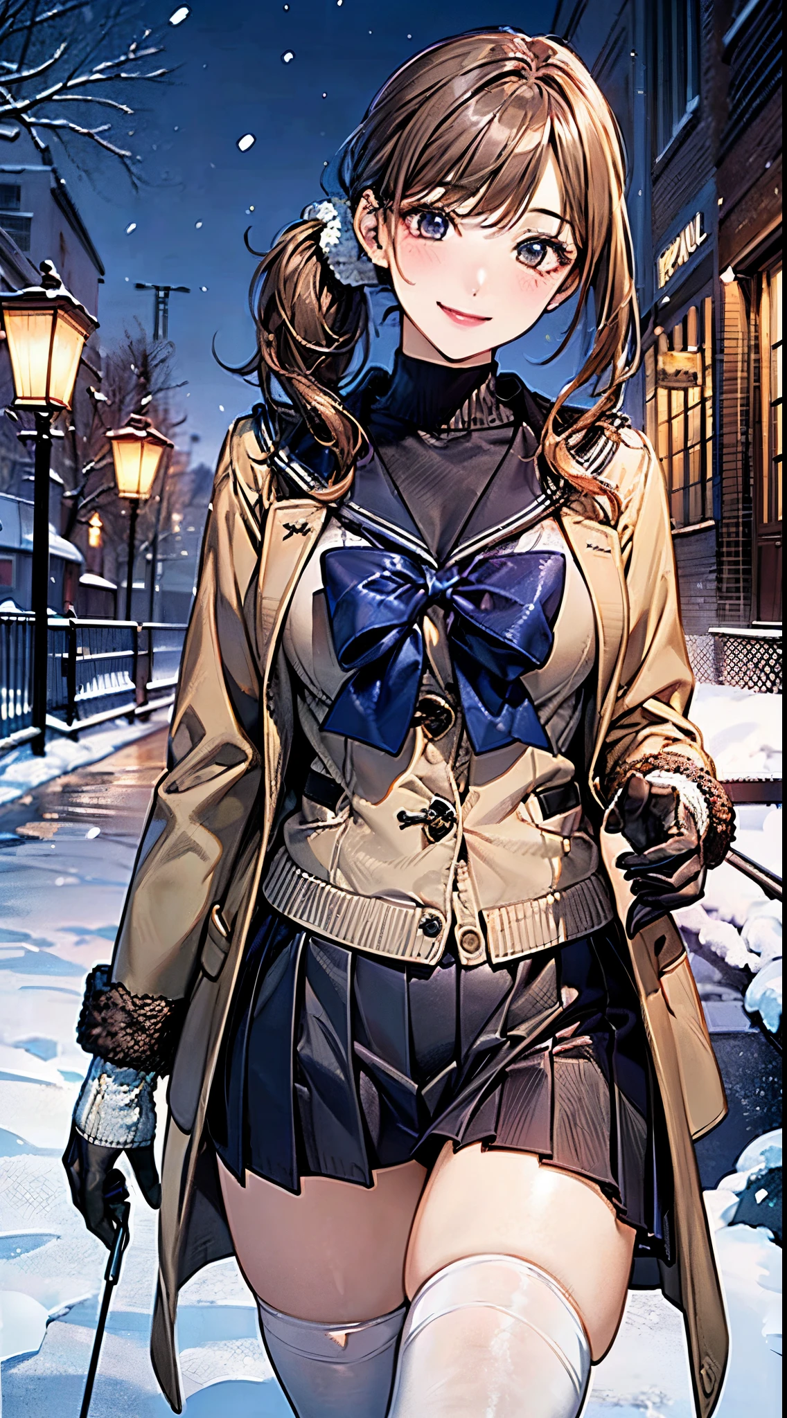 ((((, , perfect anatomy, super detailed skin)))), 1 girl, japanese, , shiny skin, large breasts:0.5, watching the view, (smile:1.5),
beautiful hair, beautiful face, beautiful detailed eyes, (middle hair:1.7, side ponytail:1.4),
beautiful clavicle, beautiful body, beautiful chest, beautiful thigh, beautiful legs, babyface, , , mole under eye,
((navy school uniform, long sleeves, navy pleated skirt, sailor collar, light brown cardigan, black thigh-highs,
((brown medium coat, muffler, knitted gloves)), extremely sexy, seductive thighs)), white panties,
(beautiful scenery), winter, evening, hokkaido, sapporo, outdoors, snow, snowfall:1.5, freezing weather, frost, walking, holding a phone,
(8k, top-quality, masterpiece:1.2, extremely detailed, , ), (photorealistic), beautiful illustration, cinematic lighting,