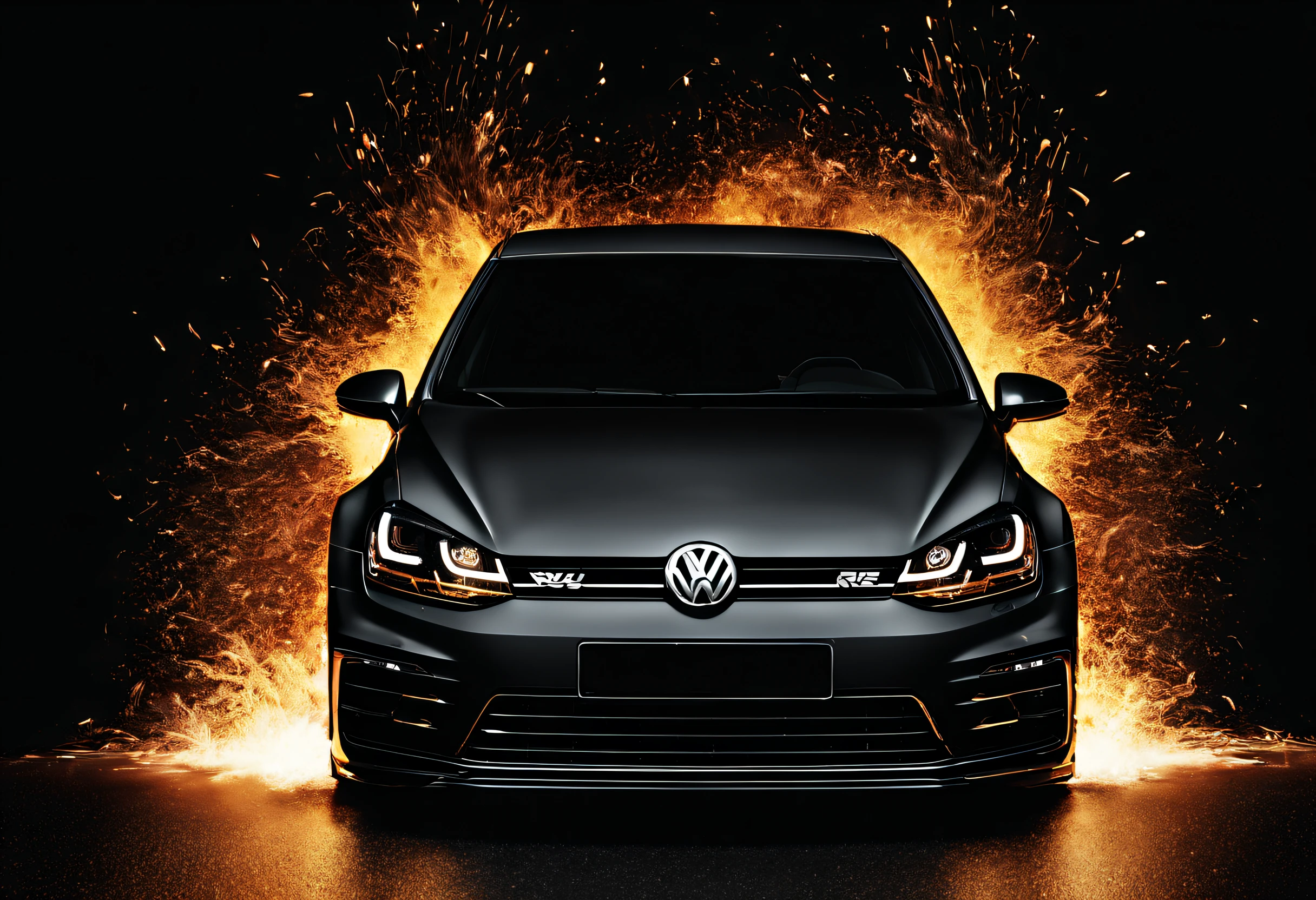 Volkswagen Golf VII R,black background,exploding paint,highres,ultra-detailed,vivid colors,portraits,sharp focus,professional,physically-based rendering,black and white tones,studio lighting.
