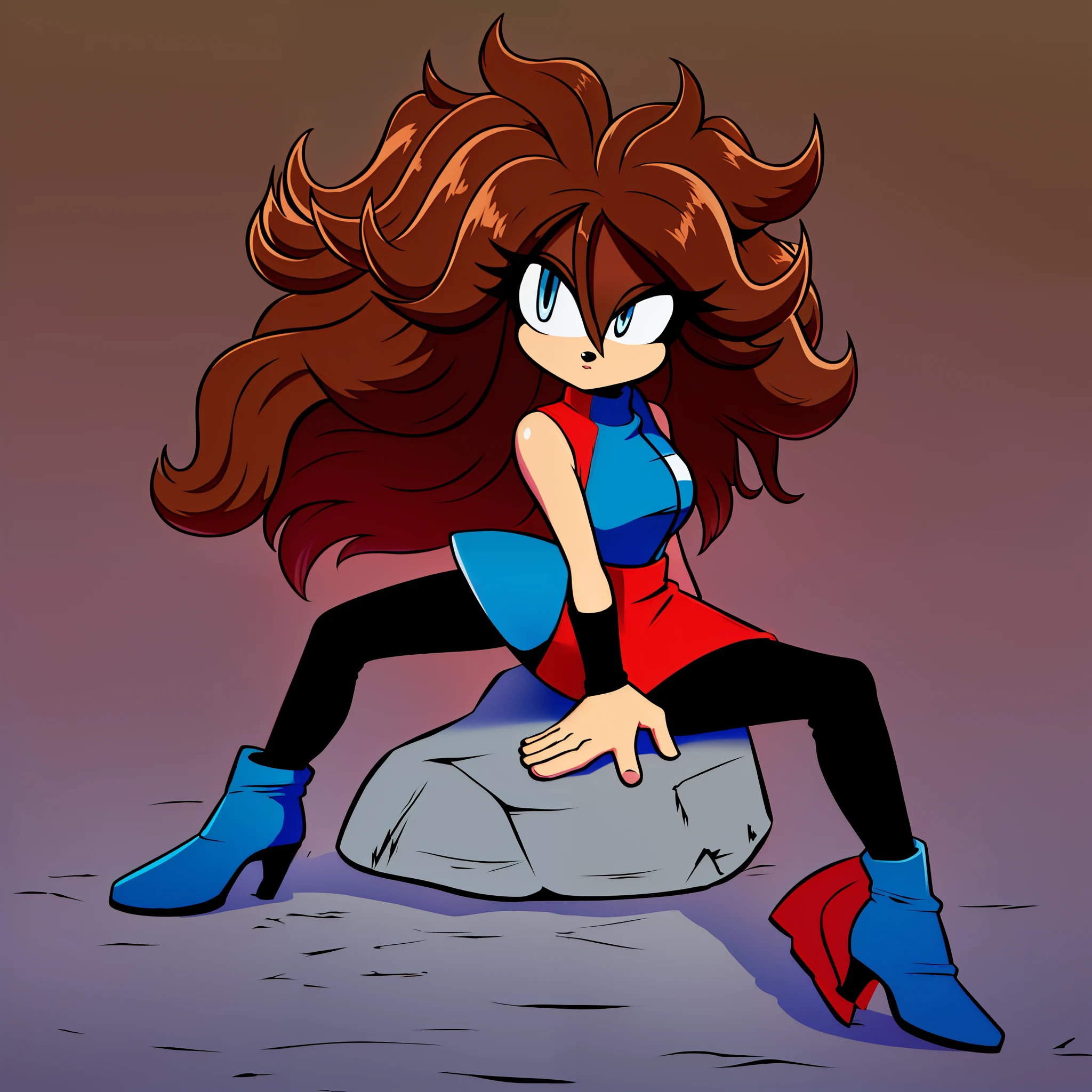 ((1girl)), ((solo)), female, mobian, Hedgehog, brown fur, furry, sitting crossed leg, sitting on a large rock, ((Her attire is a sleeveless short blue and red checker pattern high-neck minidress, opaque black tights, matching black detached arm sleeves, and blue (left foot) and red (right foot) ankle heel boots with gold tips.)), (Android 21 Cosplay), ((long brown hair)), ((long hair)), ((Android 21 styled hair)), light blue eyes, hair bangs, looking at viewer, (background forest, river, best lighting), (best quality)