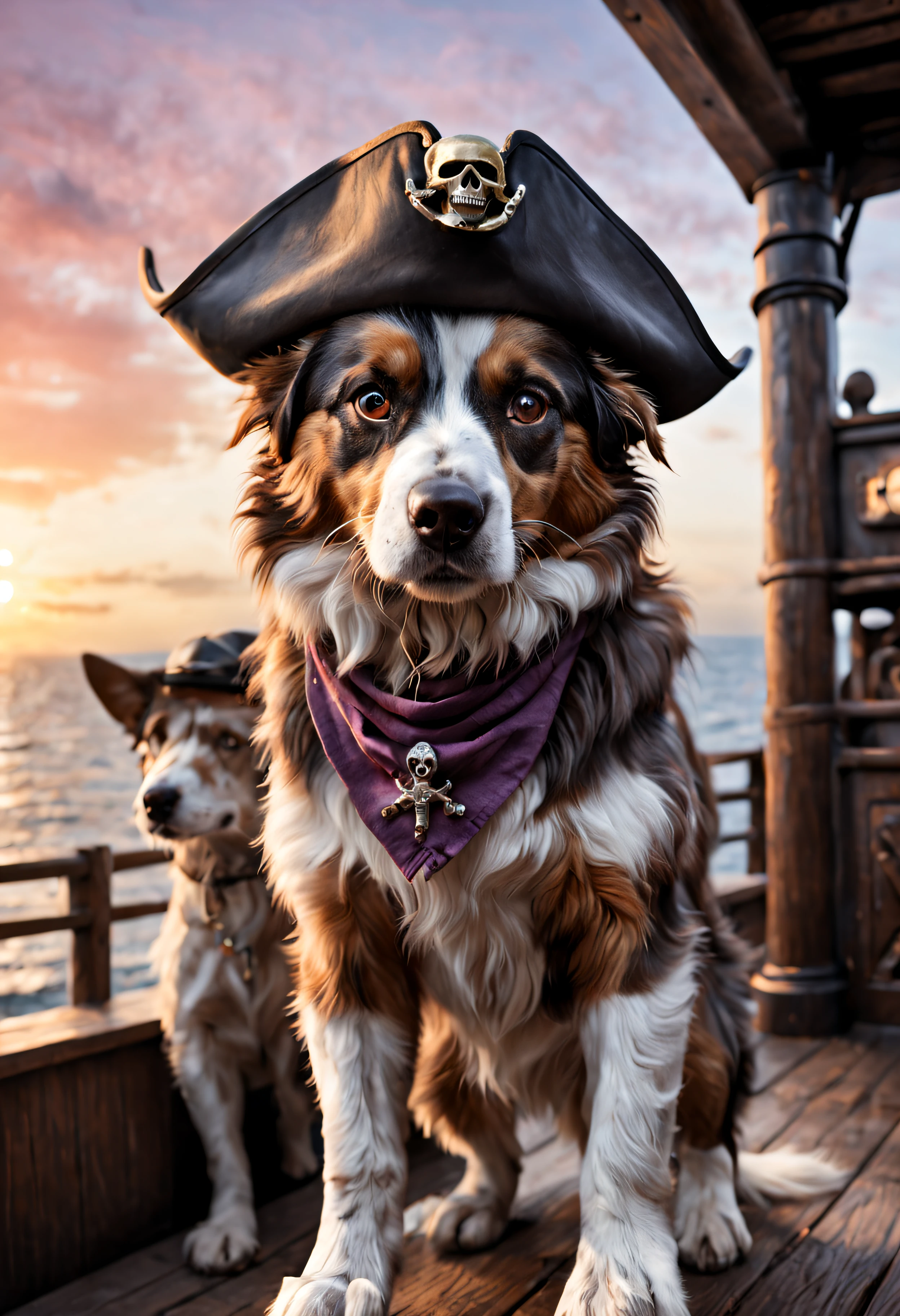 A detailed prompt for Stable Diffusion:
"Australian Shepherd dog with pirate disguise, on a pirate ship, (best quality, 4k, highres, masterpiece:1.2), ultra-detailed, (realistic, photorealistic:1.37) with vivid colors, sharp focus, and studio lighting, inspired by 18th-century maritime illustrations. The dog has a mischievous expression with elaborate pirate accessories such as an eye patch, a tricorn hat, and a striped pirate bandana. The dog is standing on the deck of a pirate ship, surrounded by wooden planks, ropes, and cannons. The ship features weathered sails, a Jolly Roger flag, and a dramatic sunset sky with hues of orange, red, and purple. The lighting casts long shadows, creating a sense of adventure and mystery."
Be aware of: This prompt is generated based on the provided theme,The next time you generate a prompt,,Please also provide new topics。