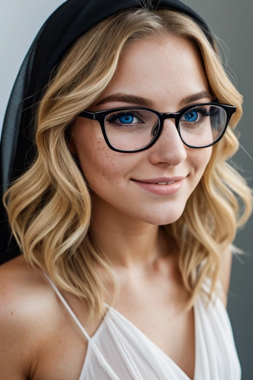 A beautiful 23 years old woman, with short wavy blonde hair, wearing glasses and a black veil, blue eyes, freckles, happy facial expression.