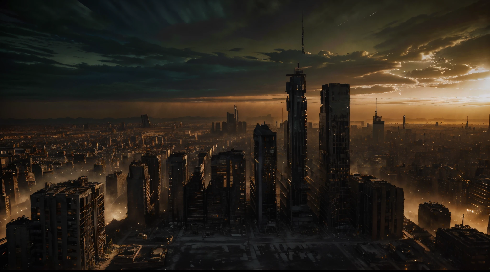Post-apocalypse image, New York ruins at night, Mad Max Style, ((Best Quality)), ((Masterpiece)), Detailed soft oil painting, Detailed background, dramatic cinematic lighting, Soft illumination of the edges, Professional, dramatic  lighting, hard edge lighting, ultra quality, 4k,(mastery, Best Quality, 8K, ultra highres, hight resolution:1.4), Extremely detailed