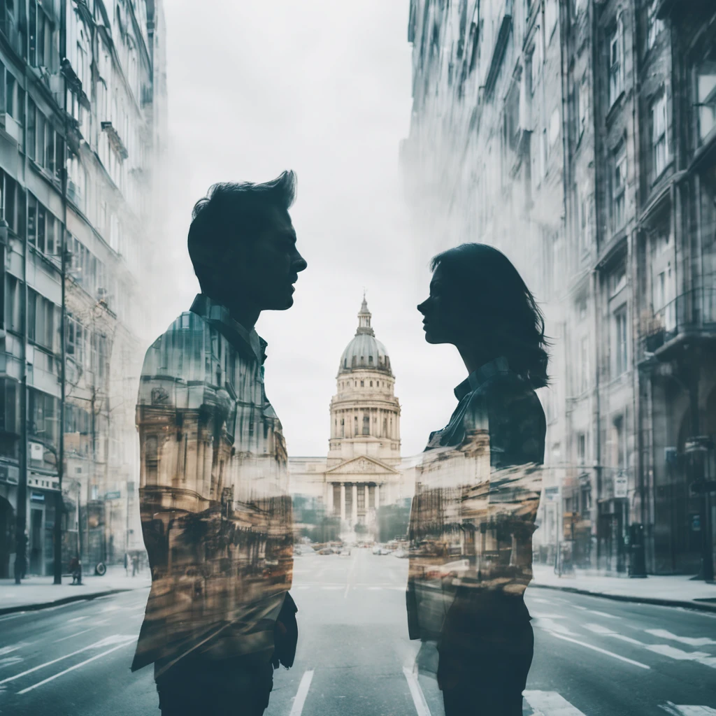 multiple exposure photography, double exposure, couple portrait and building, perfect composition, street photography style, cinematic feel