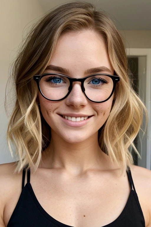 A beautiful 23 years old woman, with short wavy blonde hair, wearing glasses and a black croptop, blue eyes, freckles, happy facial expression.