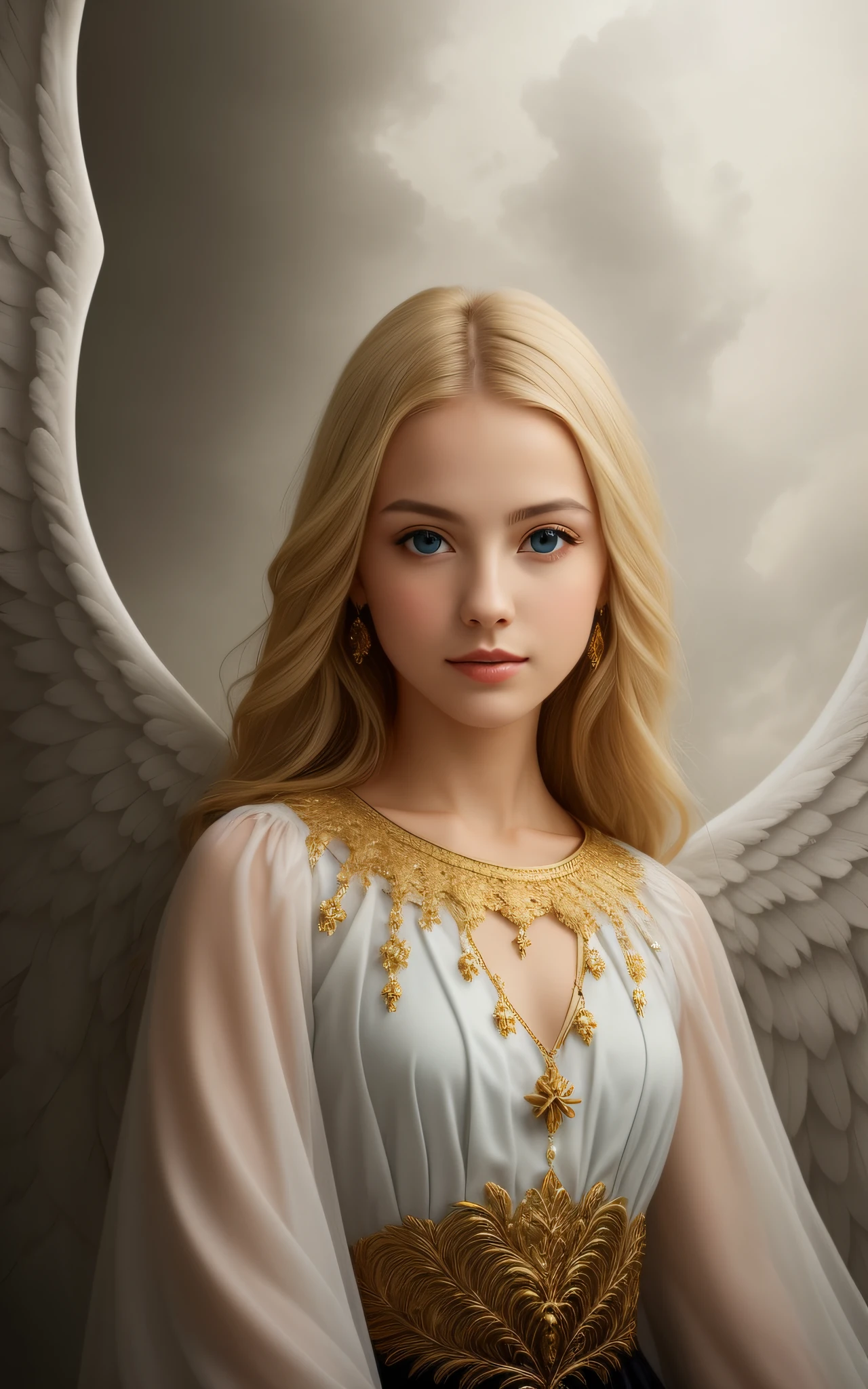 Blonde angel with blue eyes and golden jewelry, Portrait of a beautiful angel, beautiful angel girl portrait, Beautiful Angel, a beautiful female angel, of an beautiful angel girl, of beautiful angel, Angel Girl, Girl with angel wings, Angelic face, beautiful angelic wings, winged girl angel, Angelic, beautiful fantasy art portrait, Angel, Fine, Detailed angelic face, a stunning young ethereal figure