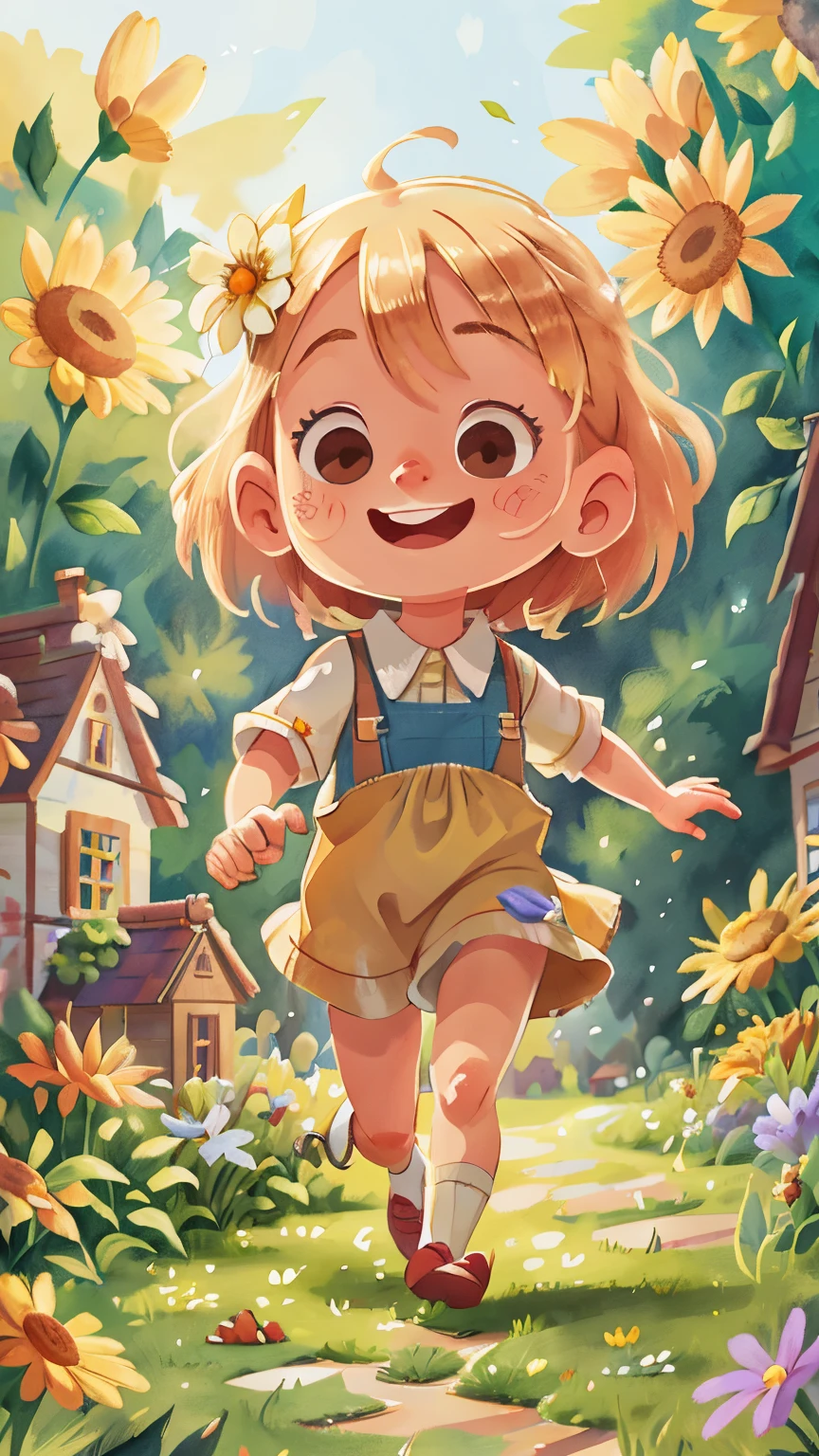Watercolour. Blonde girl, smiling, very cheerful, running through the garden, wearing gardener and white blouse, front view, full body, the background is a beautiful and cozy house in the countryside, garden with flowers, sunny, perfect quality, (mess-house: 0.8), (masterpiece: 1.2) (Realistic: 1.2) (Bokeh) (Best quality) (Detailed Skin: 1.3) (Intricate Details) (8K) (Detail Eyes) (Sharp Focus), (Unhappy)
