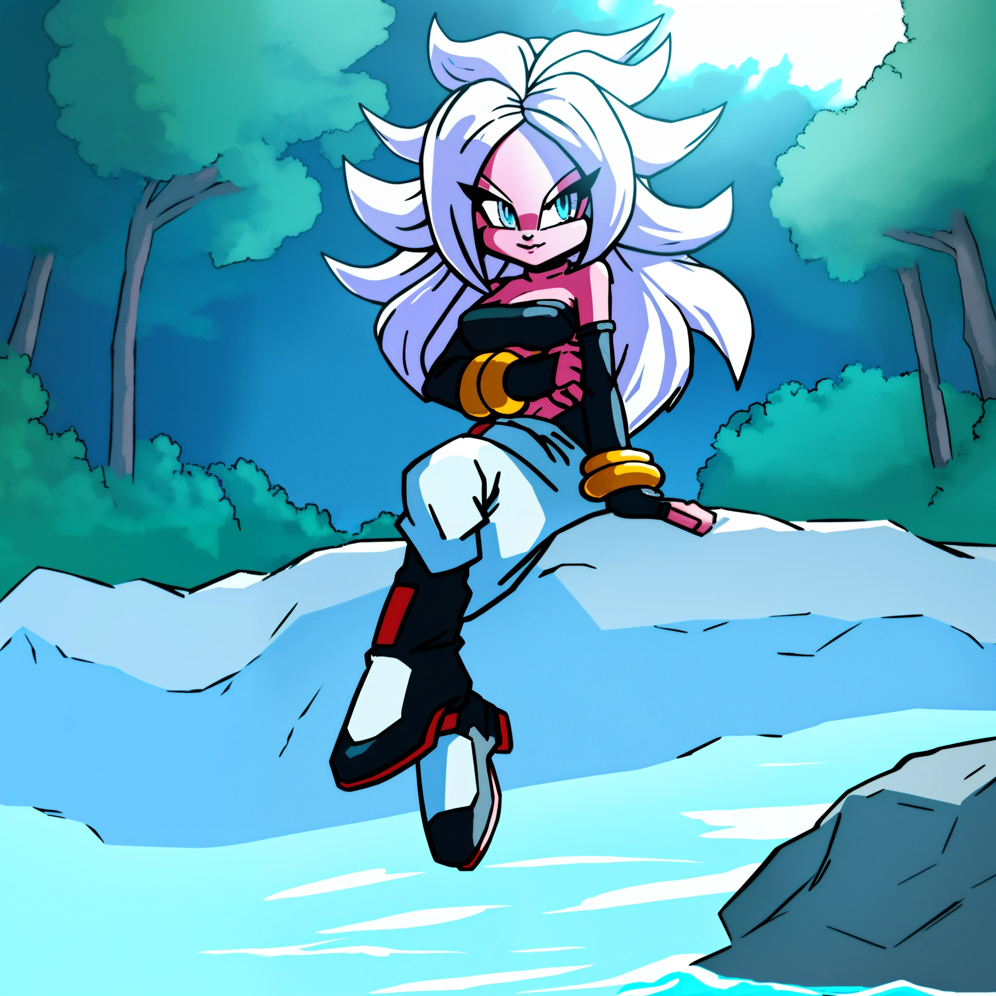 ((1girl)), ((solo)), female, mobian, Hedgehog, pink fur, furry, sitting crossed leg, sitting on a large rock, (Her attire is a black cropped low cut tube top, black arm sleeves with gold bracelets at the ends, black heeled boots, and white baggy pants)), (Majin Android 21 Cosplay), ((long white hair)), ((long hair)), ((Android 21 styled hair)), light blue eyes, hair bangs, looking at viewer, (background forest, river, best lighting), (best quality)